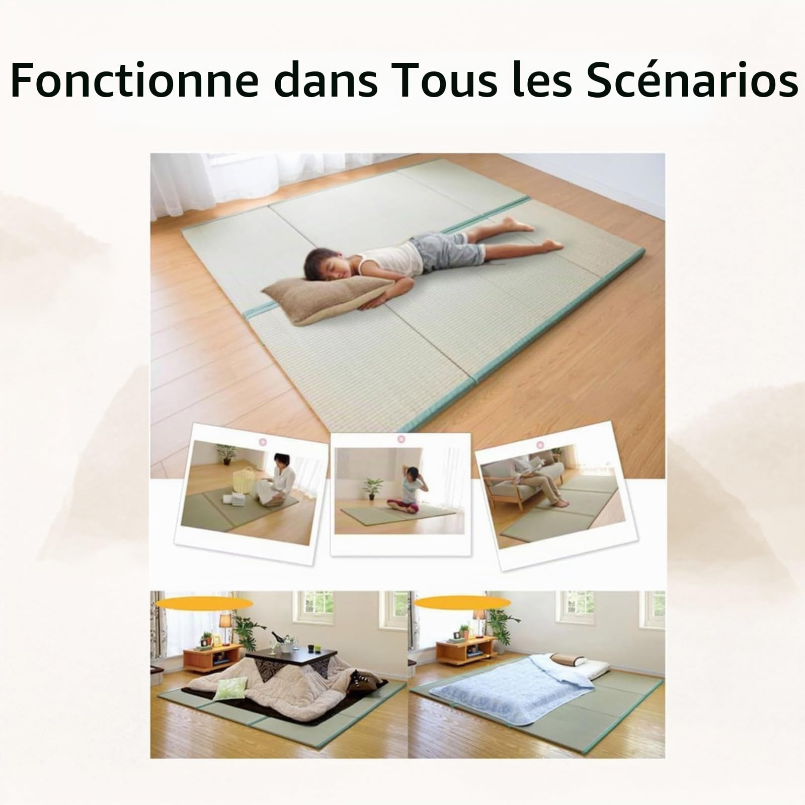 Tatami Matelas Japonais Pliable Naturel Jonc Herbe (Non Teint),Pliant Rotin Tatami Tapis,Antidérapant et Imperméable,4 Plis Méditation Yoga Zen (Size:90×200×3.5cm)