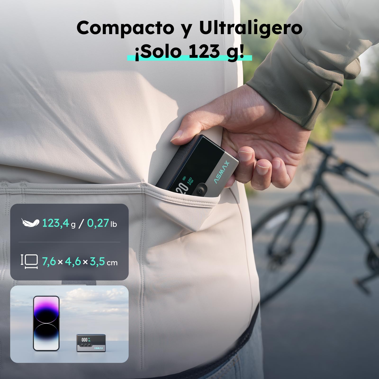 ASMAX T30 Mini Bomba de Bicicleta, 120 PSI,Válvula Schrader y Presta | Inflador Electrico Bicicleta, Pantalla LCD, Batería Recargable, Apagado Automático, Bolsa de Almacenamiento