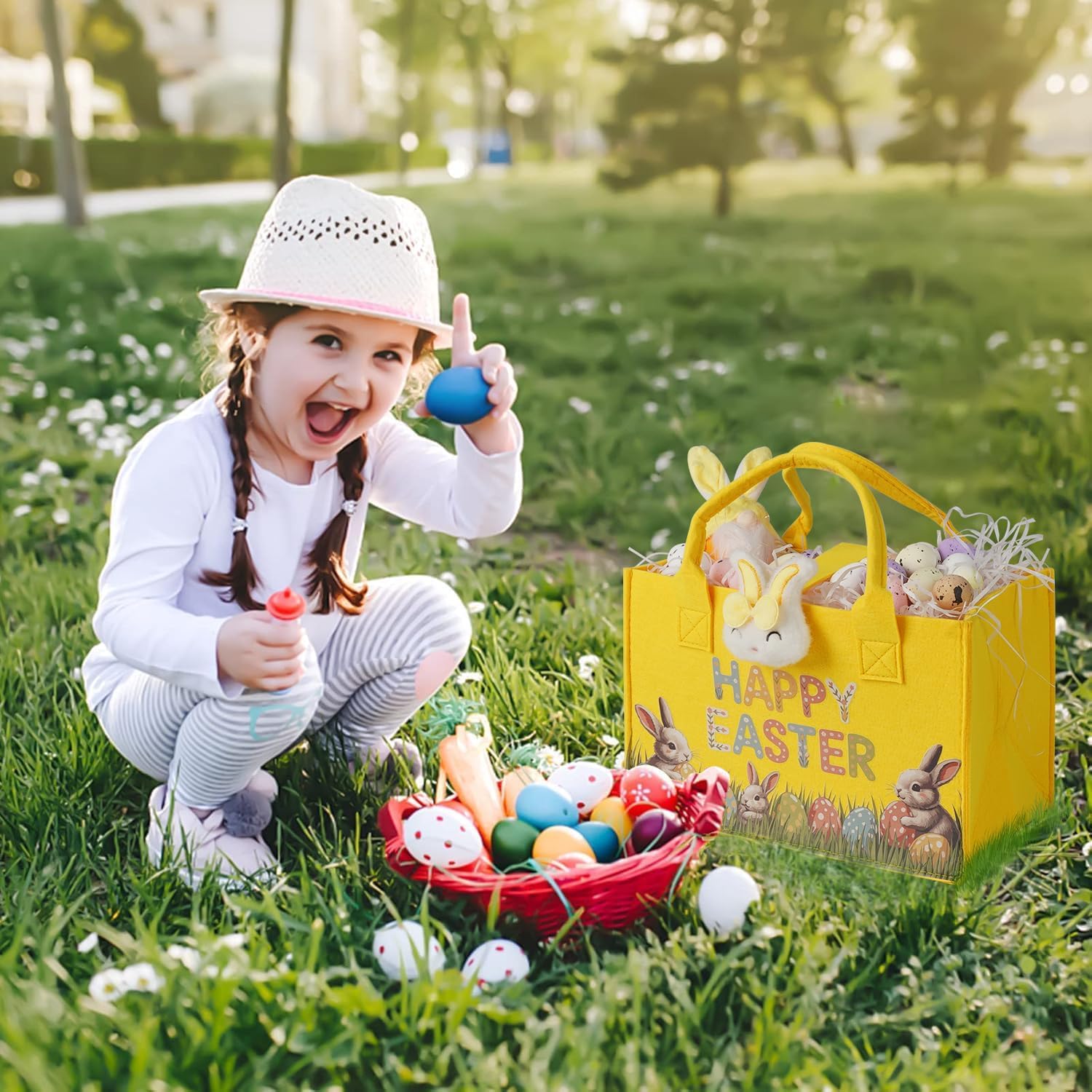 ysmile 2 Pack Easter Bag for Kids Empty Egg Hunt Basket with Handle Bunny Gift Bags Reusable Buckets Party Rabbit Treat Bag - Image 8