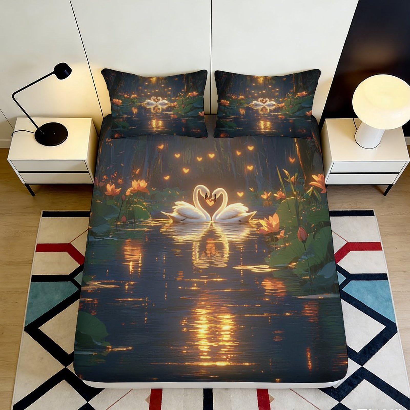 Pnayamiorkfel Style-5 3D Printed Romantic Swan Lake Fitted Sheet Microfiber Artistic Water Reflection Bed Cover For Bedroom Guest Room Decor 90X200x25cm