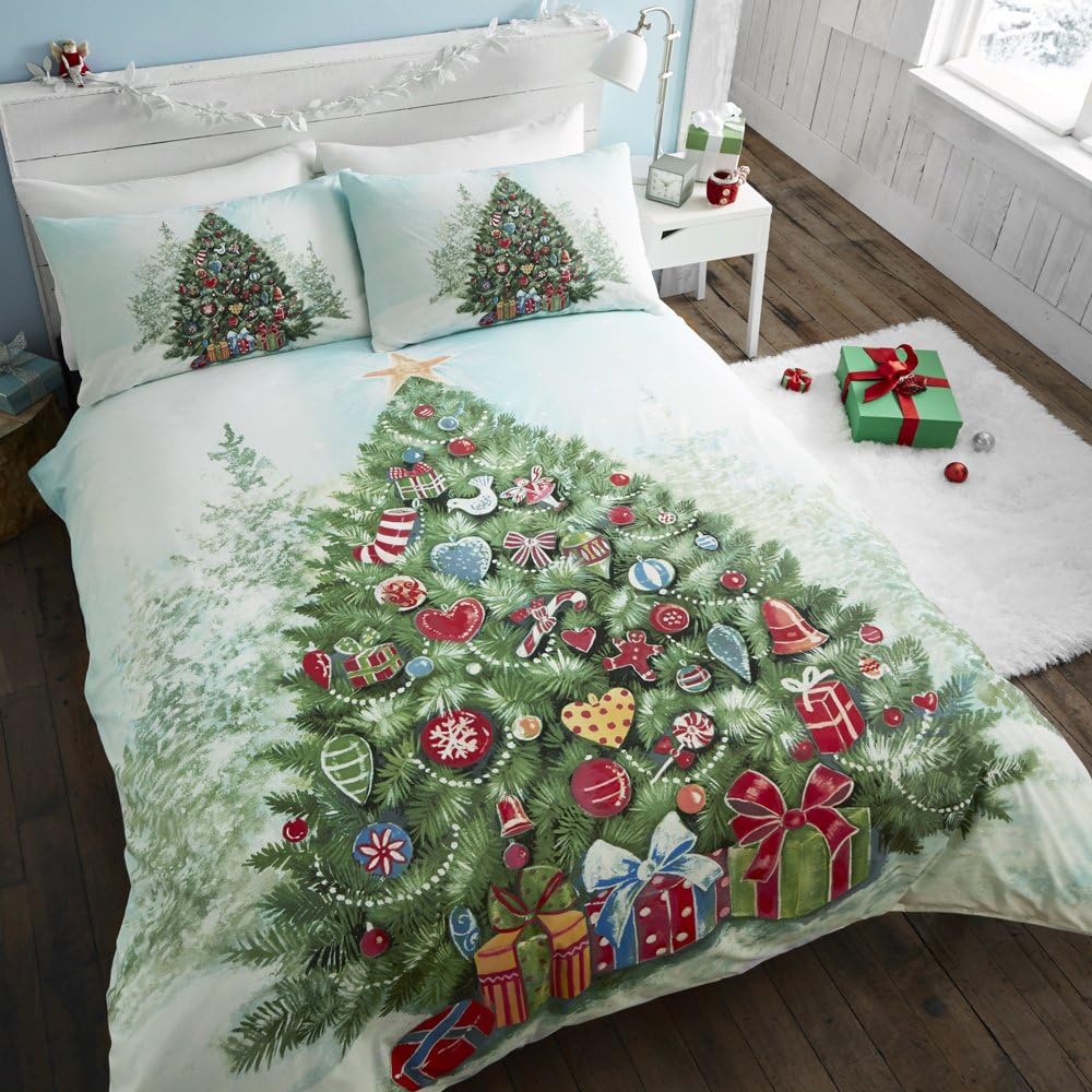 Festive Polyester Cotton Blend Duvet Cover Bedding Set - Christmas Tree - UK King