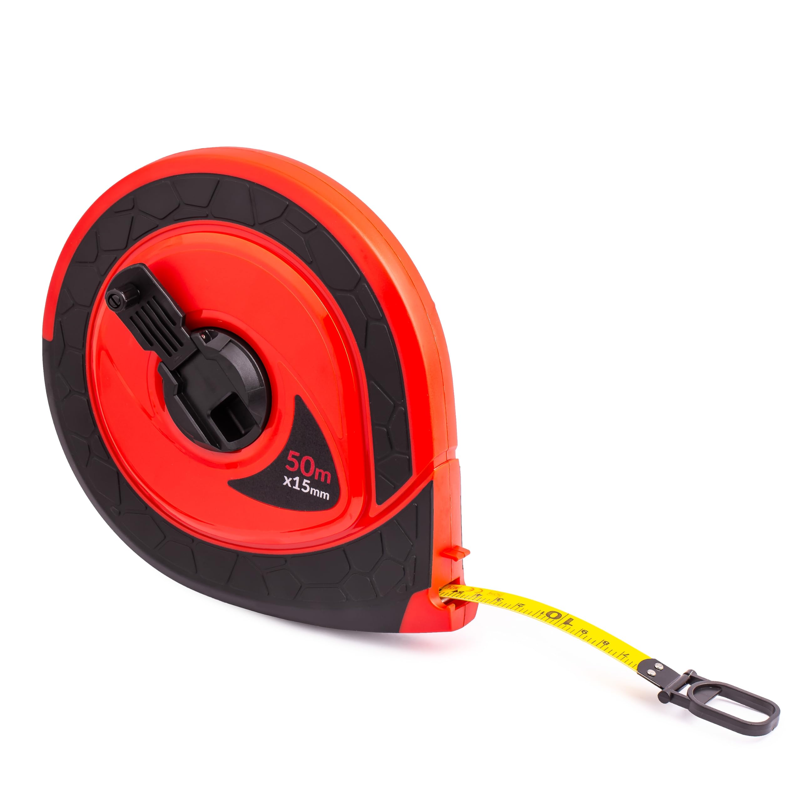 MIVOS Cinta métrica 50m - Cinta métrica robusta - Manivela plegable - Rollo metro - Fibra de vidrio - Retracción rápida de la cinta - Insertos engomados y antideslizantes - Carcasa de plástico ABS