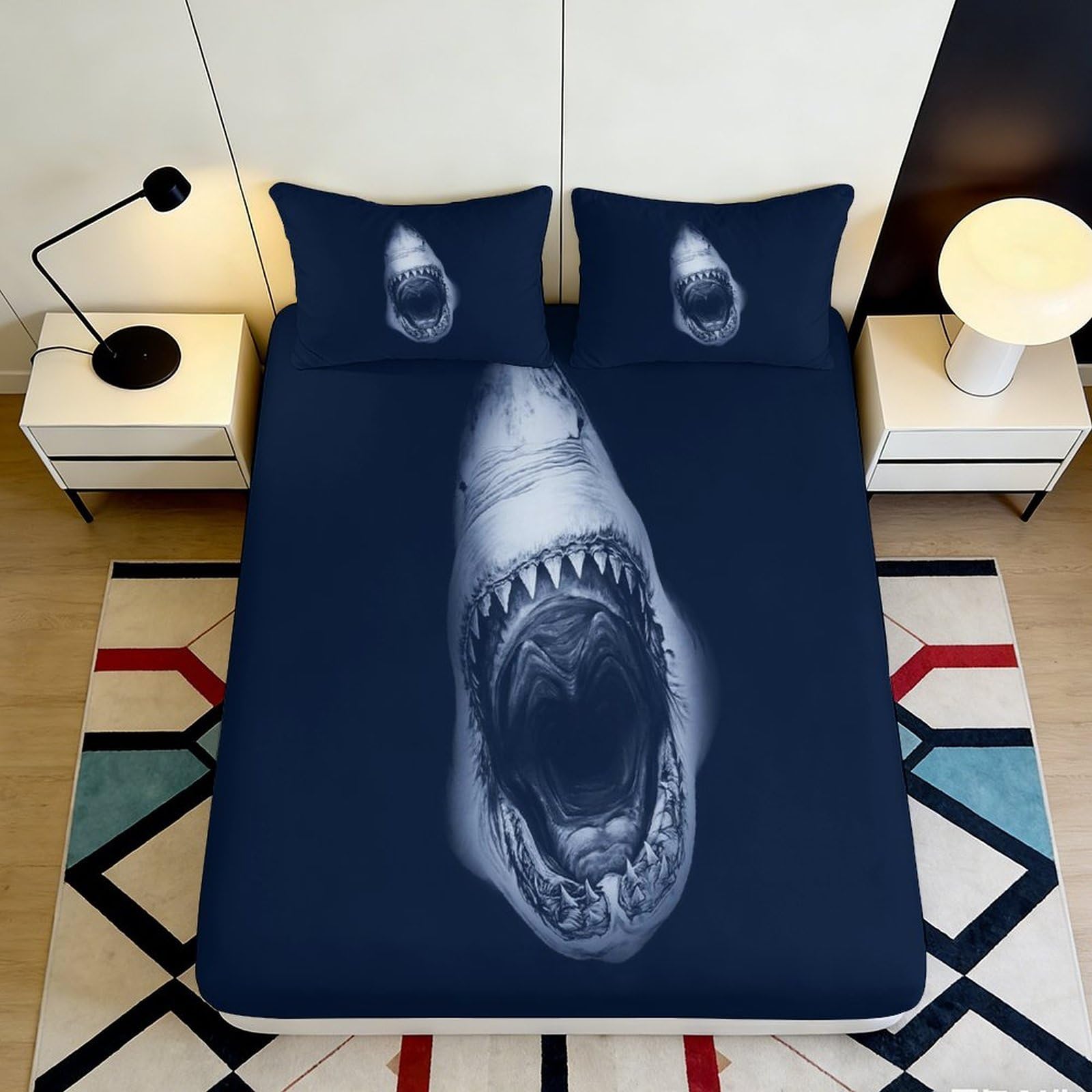 3D Printed Shark Attack Fitted Sheet Microfiber Dark Blue Ocean Mattress Cover for Bedroom Dorm Bed Decor 90x200x25cm