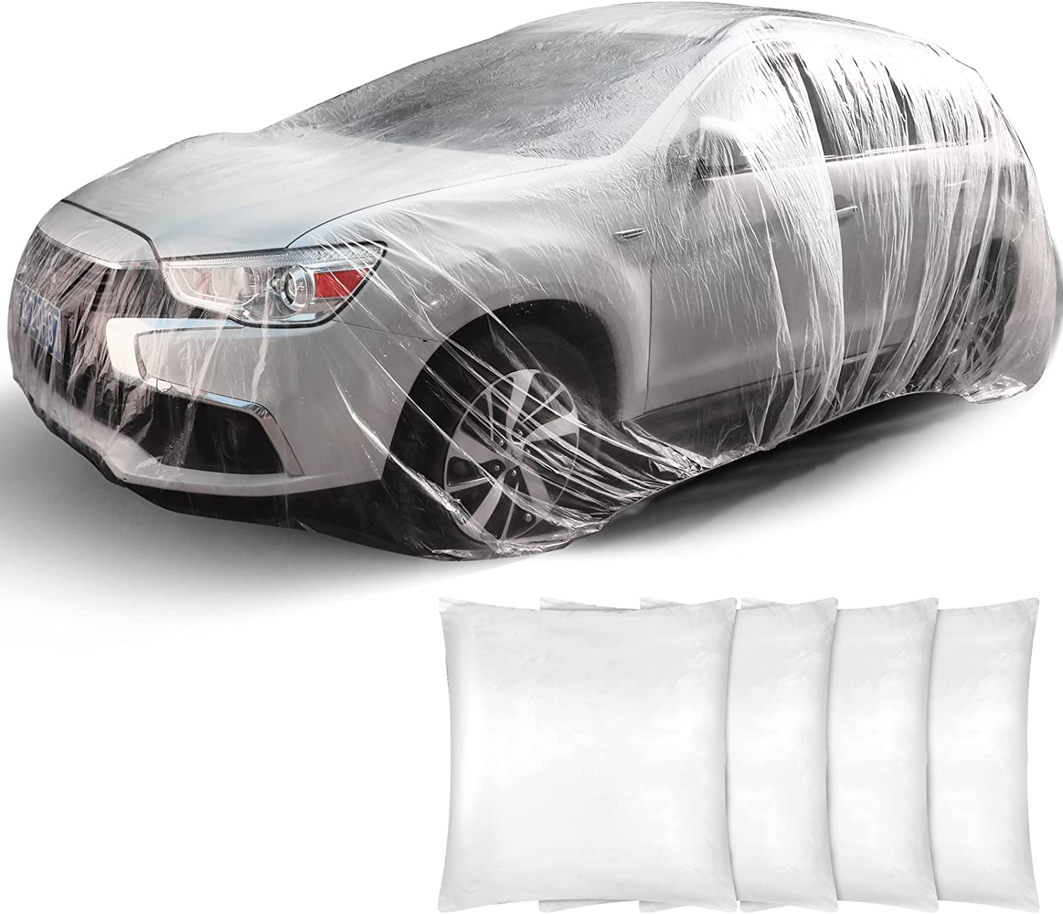 SYOSI Universal Plastic Car Cover Waterproof Dustproof Full Exterior Covers 12.5 x 21.7ft Disposable Full Car Cover with Elastic Band Clear Car Protector for Sedan Outdoor Snow Rain Weather (4 Pcs)