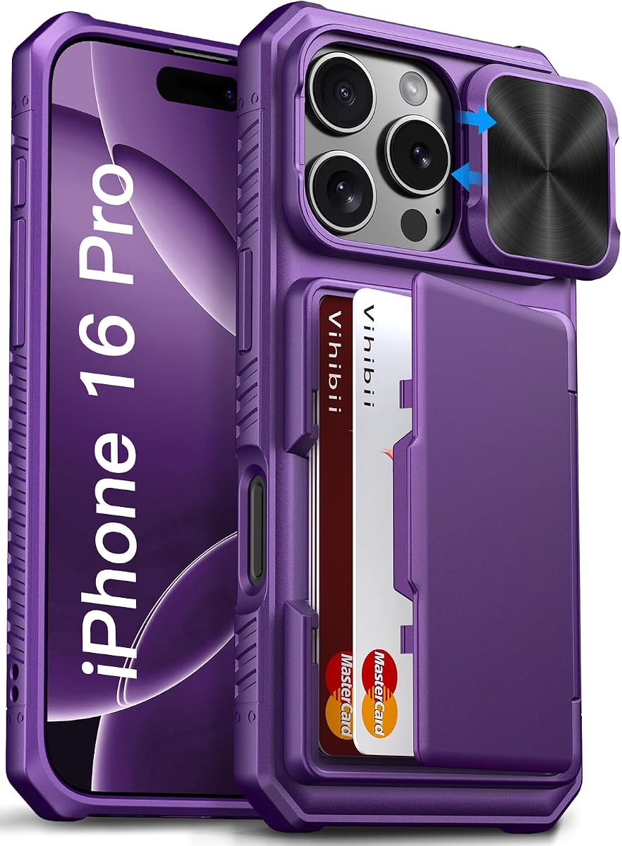Vihibii for iPhone 16 Pro Case Wallet with Card Holder, 2024, Dark Purple | RFID Blocking, Slide Camera Lens Cover, Military-Grade Drop Protection, Rugged Hard Phone Case, Shopping & Traveling Light