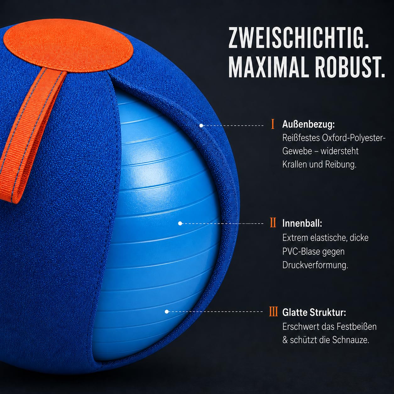 Herding Ball für Hunde Bissfest - Hütespielball Hundespielzeug Groß für Hütehunde, Schäferhunde & Aussies - Robuster Hundeball mit Stoffbezug & Tragegriff, Geeignet für Garten & Pool (C,55 cm)