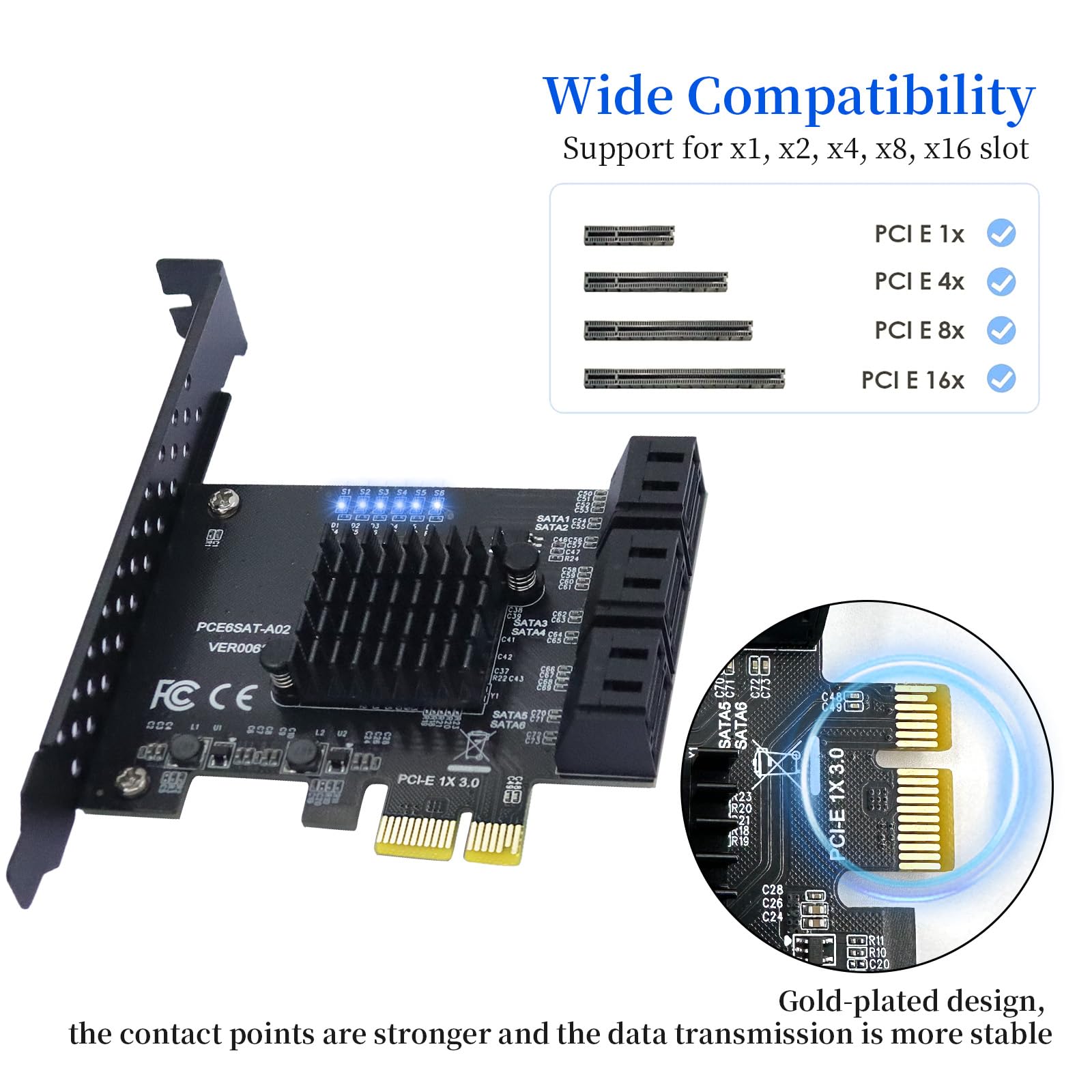 Adaptateur PCIe x1 SATA 6 Ports, controleur Gen3 6Gbit/s, ASM1166 | incl. 6 câbles SSD/HDD compatible avec Windows XP,7,8,10,11,Linux,macOS, 6 câbles SATA, 15 broches