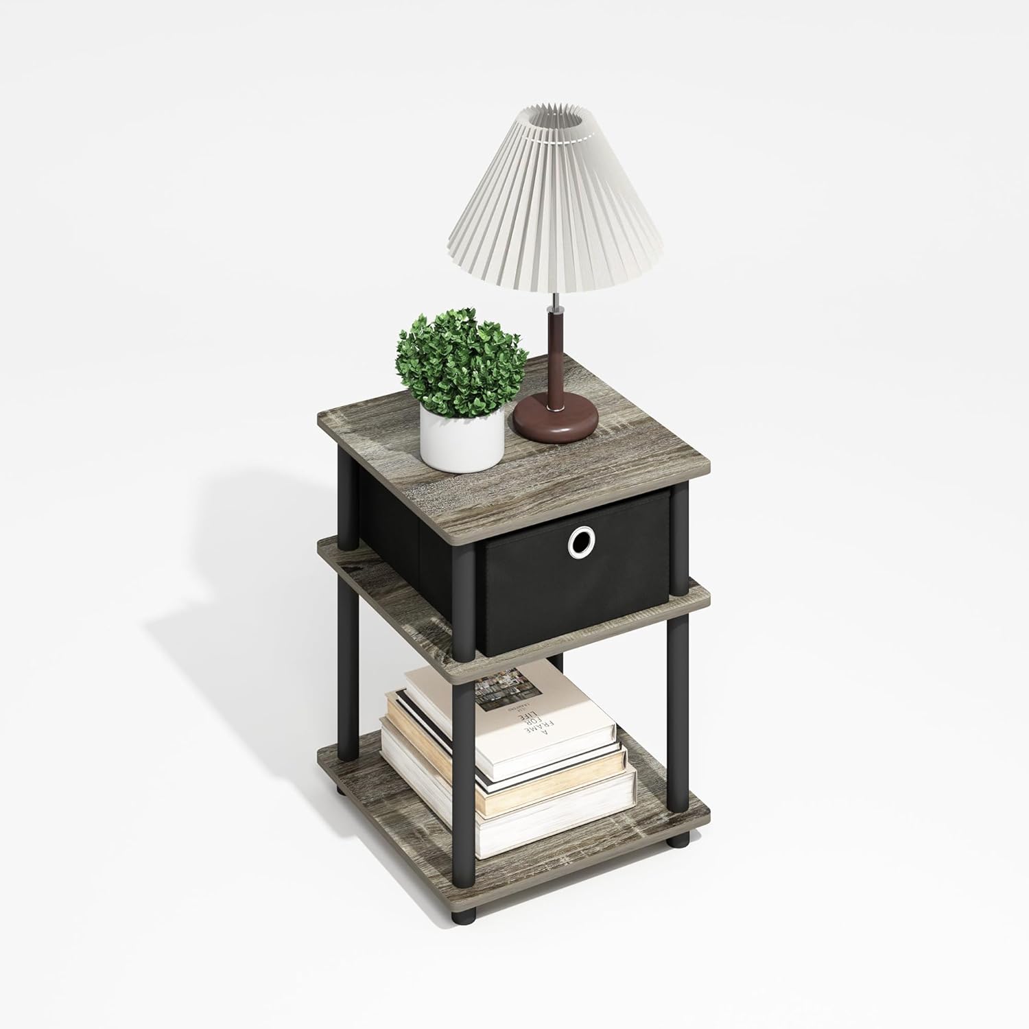 Furinno Turn-N-Tube Side Table, 3-Tier Square Modern End Table with Storage Bin, Open Shelf Night Stand, Bedside Table, Easy Assembly, Grey Oak/Black/Black