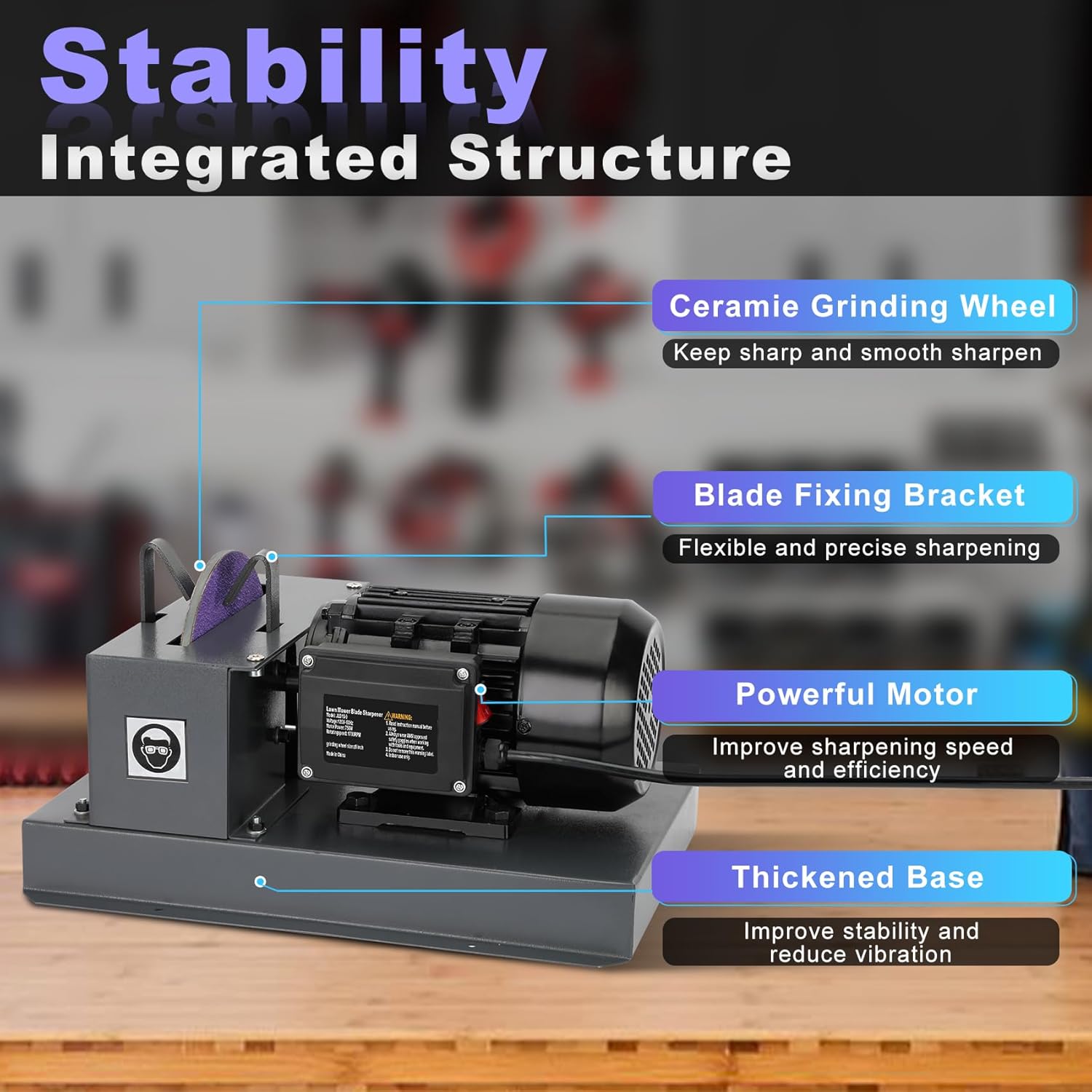 Lawn Mower Blade Sharpener, 1HP 750W Mower Blade Grinder with 9-inch Ceramic Grinding Disc, 2 Pack-9'' Sanding Paper and 40° Bracket for High/Low Lift, Gator & Flat Blades Sharpen