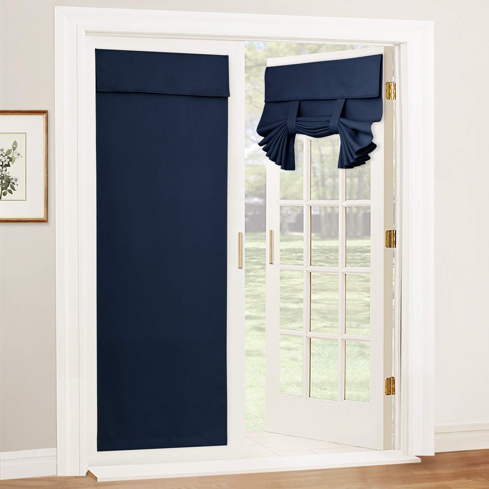 RYB HOME Blackout Tricia Window Door Curtains - Self Sticky Shades Thermal Insulated Light Block French Door Curtain Energy Efficient Double Blind, W 26 x L 69 inches, Navy, 1 PanelOEKO-TEX STANDARD 100