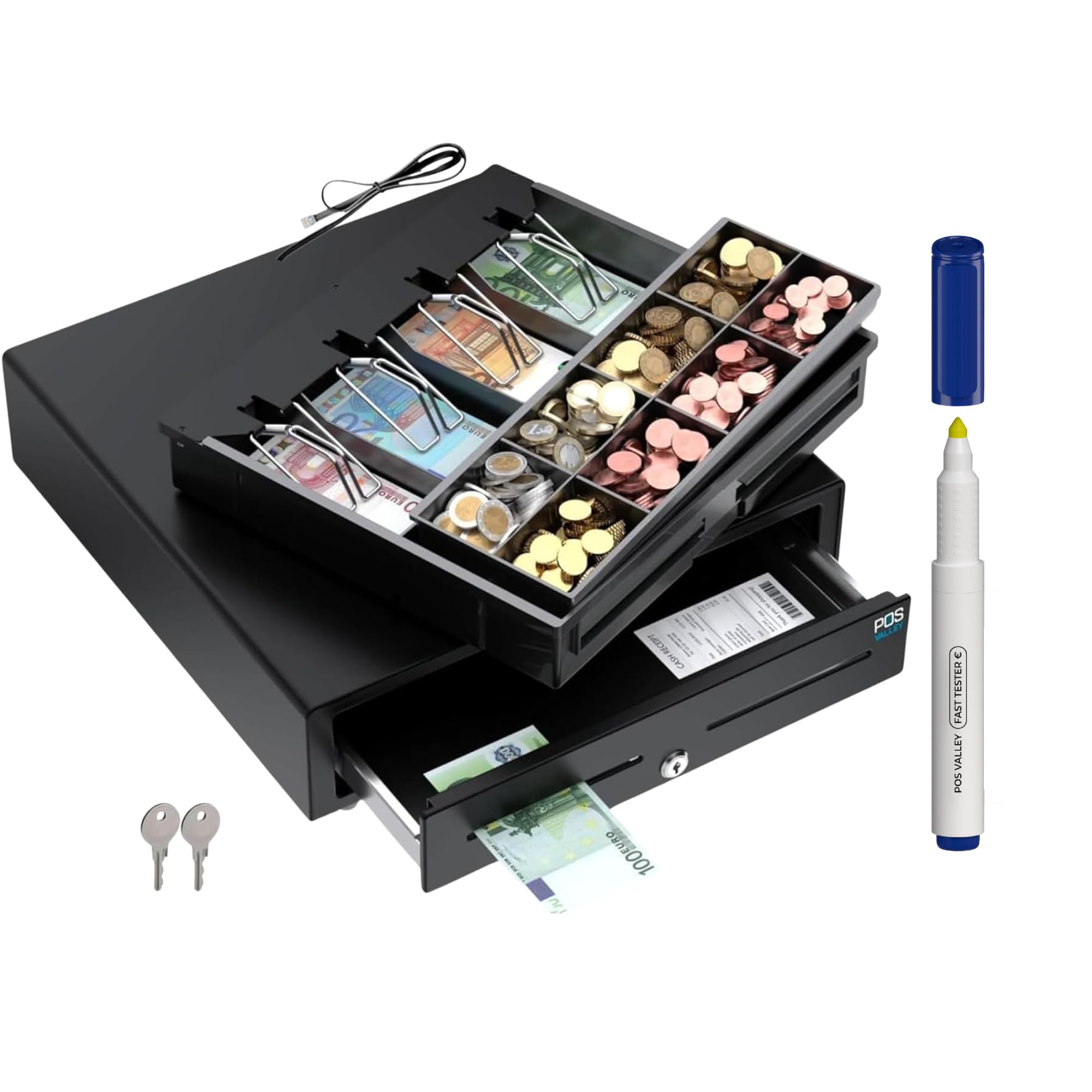 Cassetto Porta Soldi per Registratore di Cassa 41x41 cm, Automatico/Manuale RJ11, Kit Professionale con Penna Verifica Banconote - Cassetto Cassa 4 Banconote e 8 Monete, Nero