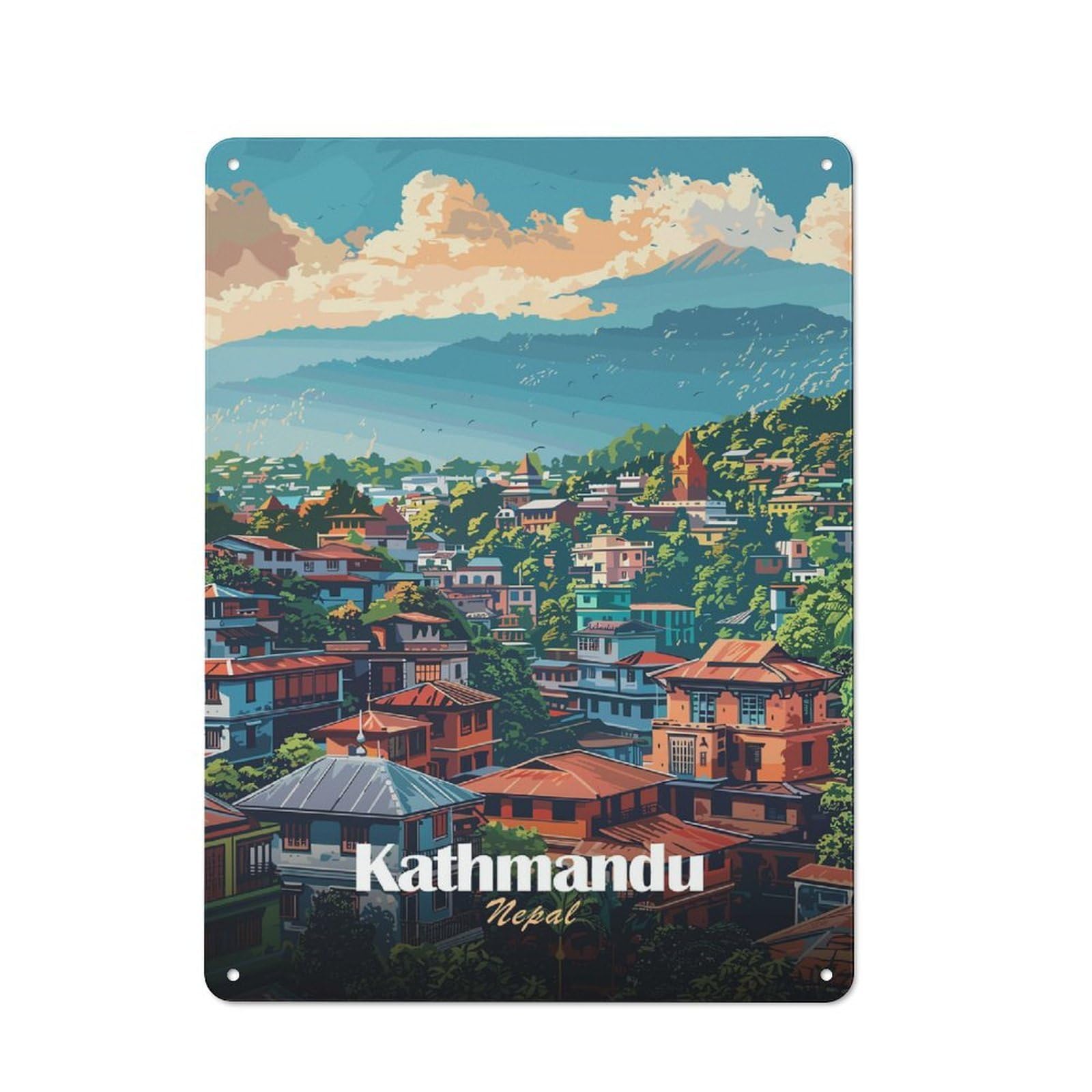 Junmoney Style-12 Classic Vintage Metal Sign 40X30cm Featuring Kathmandu, Nepal Cityscape Illustration, Classic Pub Decor For Bar, Kitchen, Garage Or Games Room