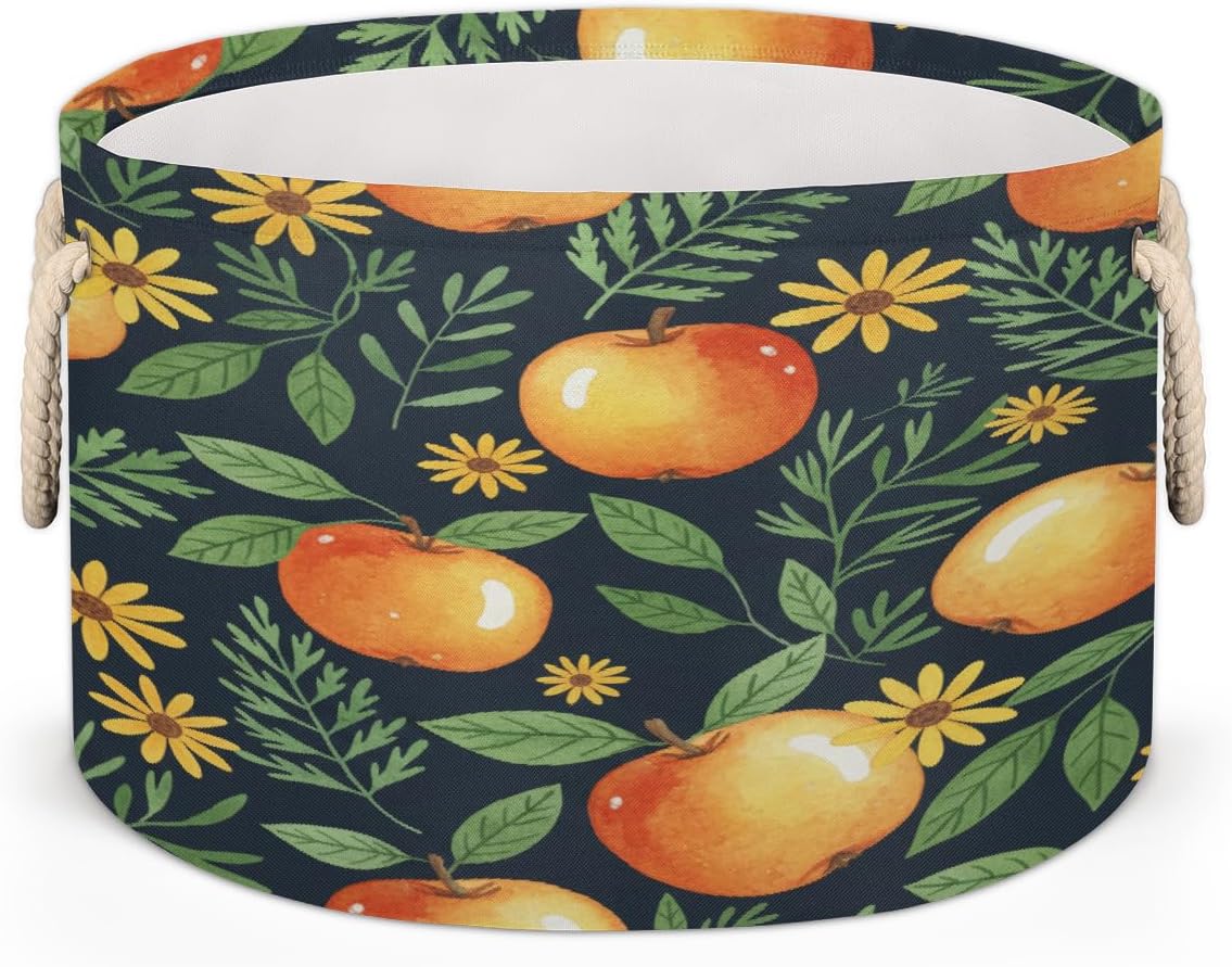 Large Storage Baskets - Orange Apples Floral Nursery Round Collapsible Organizer Bin Box, Laundry Hamper for Kids Toys, Blanket, Bedroom Living Room Home Decor, Gift Basket, 19.4"x13.3"