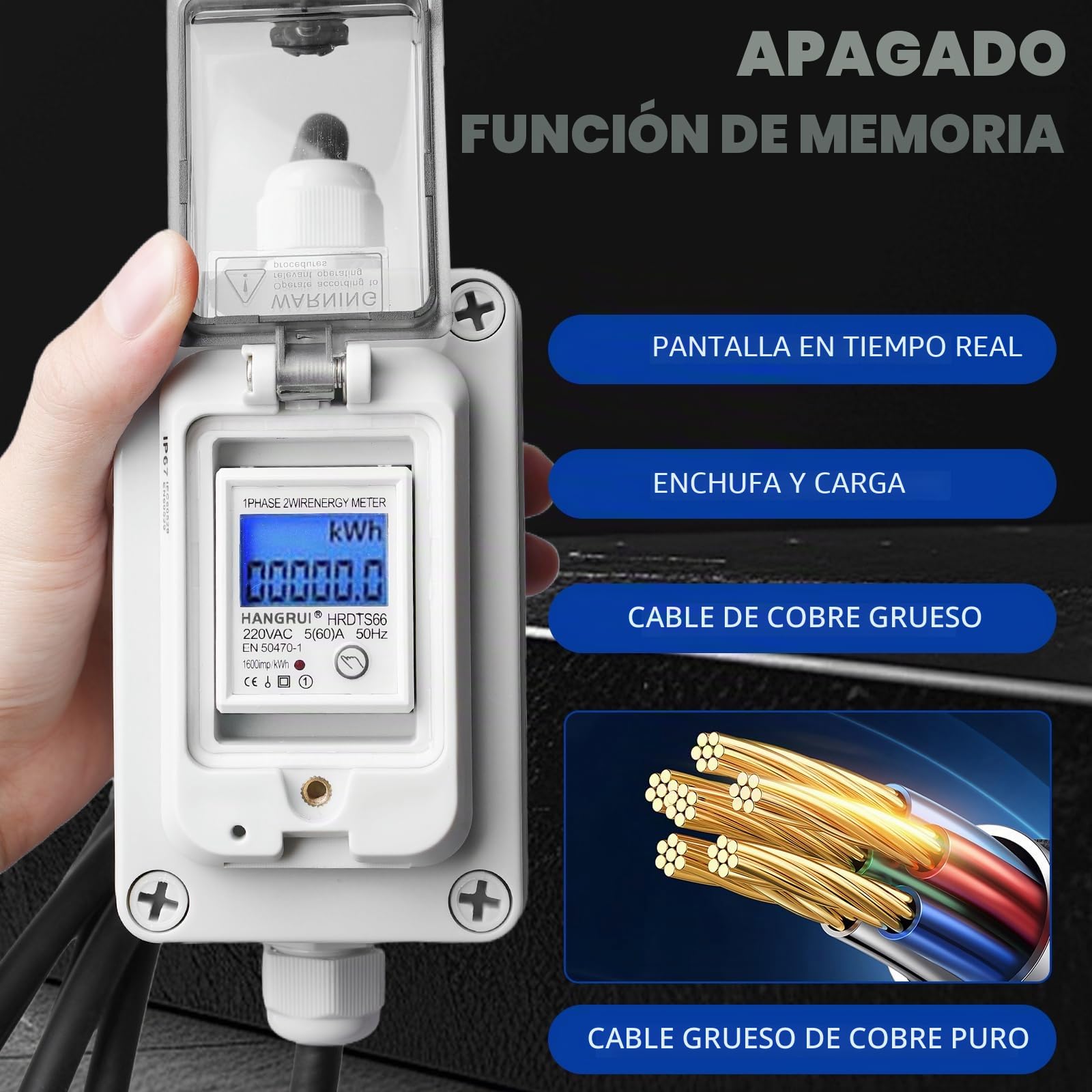 Contador de electricidad digital móvil, 60 A, 230 V, IP67, resistente al agua con enchufe CEE y acoplamiento, medidor KWH 3 x 1,5 mm², cable de goma y función de reinicio para caravanas, vehículos