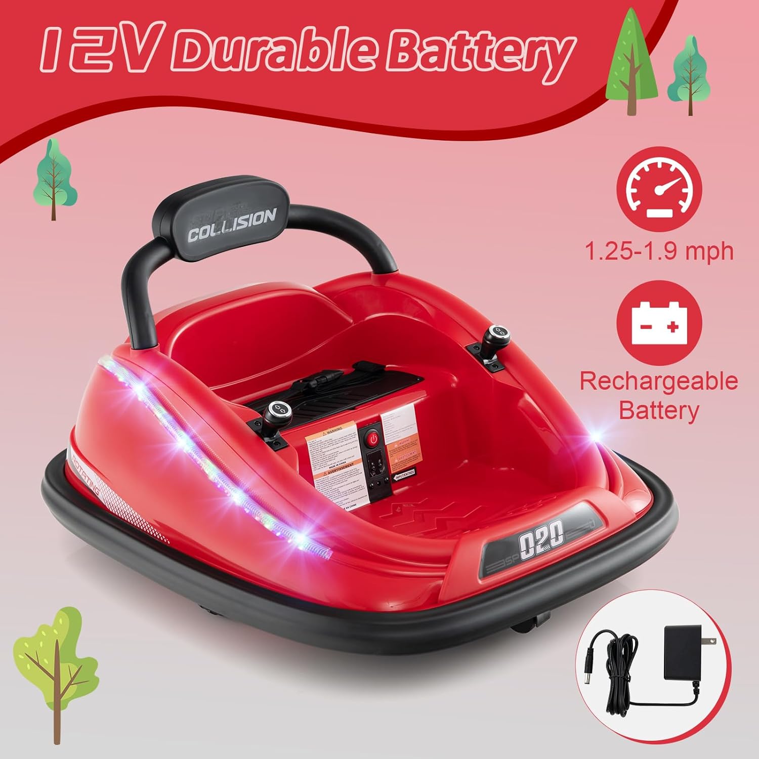 OLAKIDS Bumper Car for Toddlers, 12V Kids Electric Ride on Toy with Remote Control, Battery Powered Vehicle Racer for Baby, 360 Degree Spin Rotation, Colorful Flashing LED Lights, Music (Red)