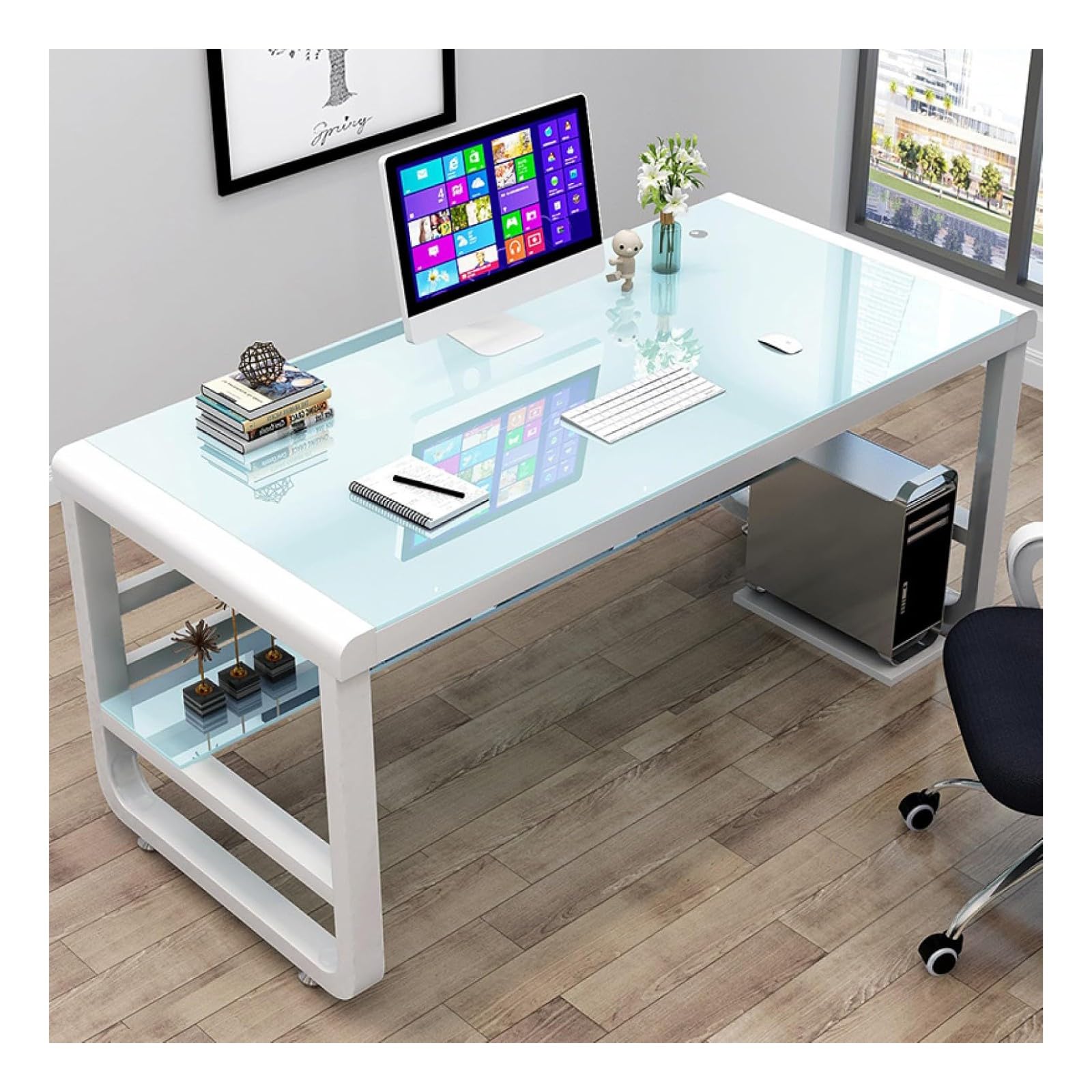 Wdsopk White Computer Desk Home Office Desk Tempered Glass Computer Desk With Storage Shelves, Modern Home Desk Gaming Table Writing Study Table Workstation For Home Office（-120Cm）