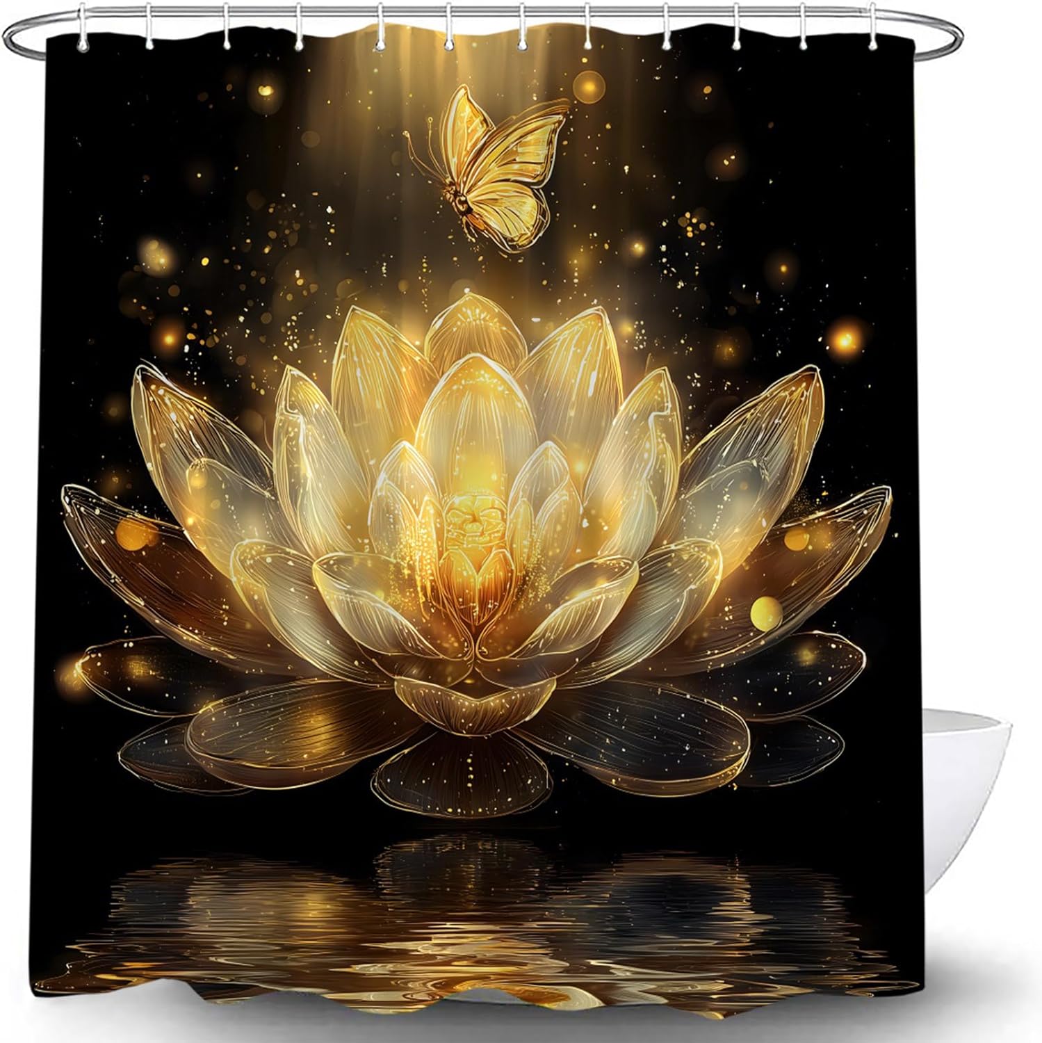 Black Gold Lotus Flower Shower Curtains for Bathroom Decor Yellow Golden Floral Butterfly Polyester Fabric Bath Curtain 70 x 83 Inch