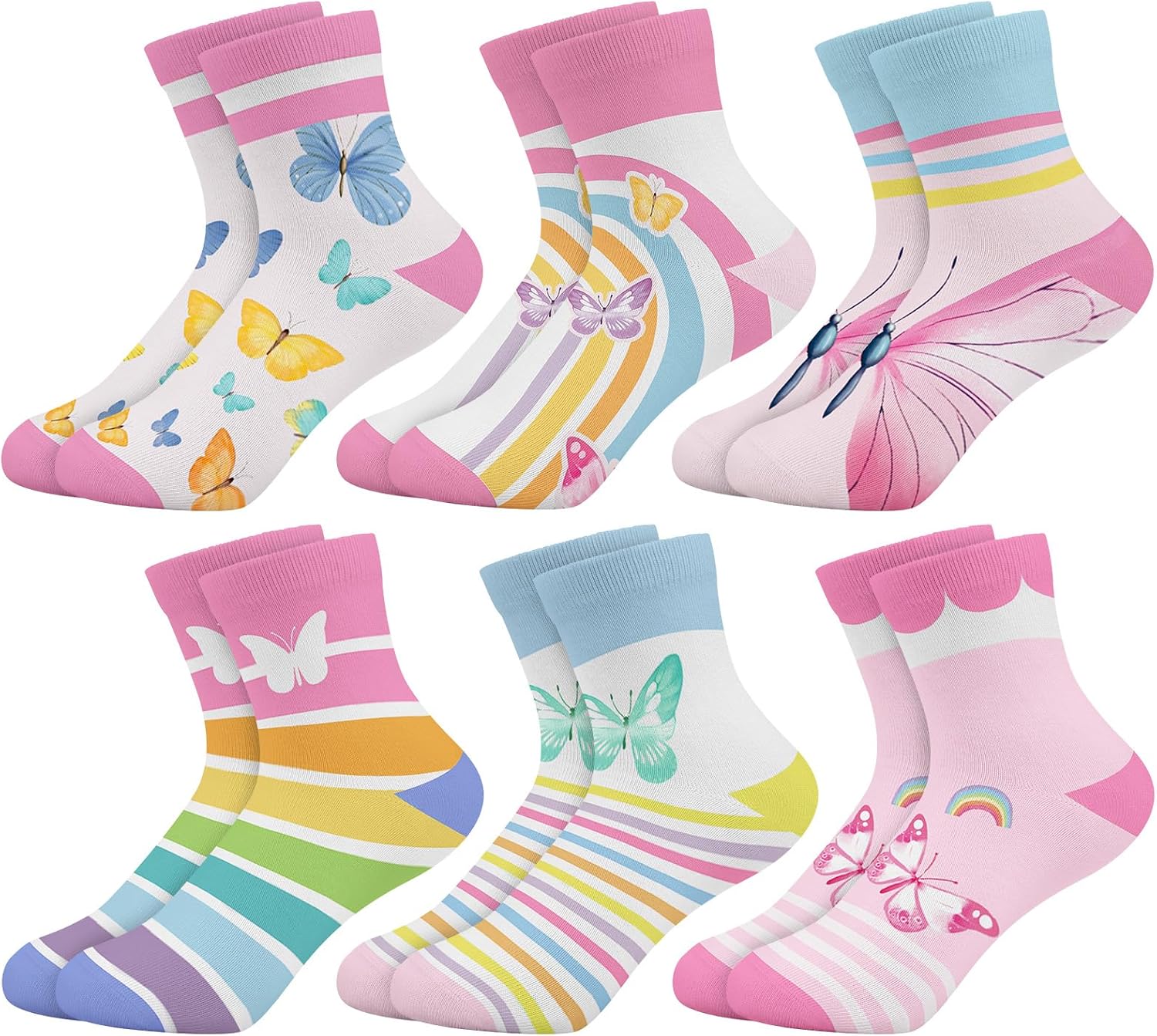 Girls Socks Bow Butterfly Princess Castle Printed Pattern Cute Crew Ankle Socks 6 Pairs 3-14Y Kids Birthday Gift