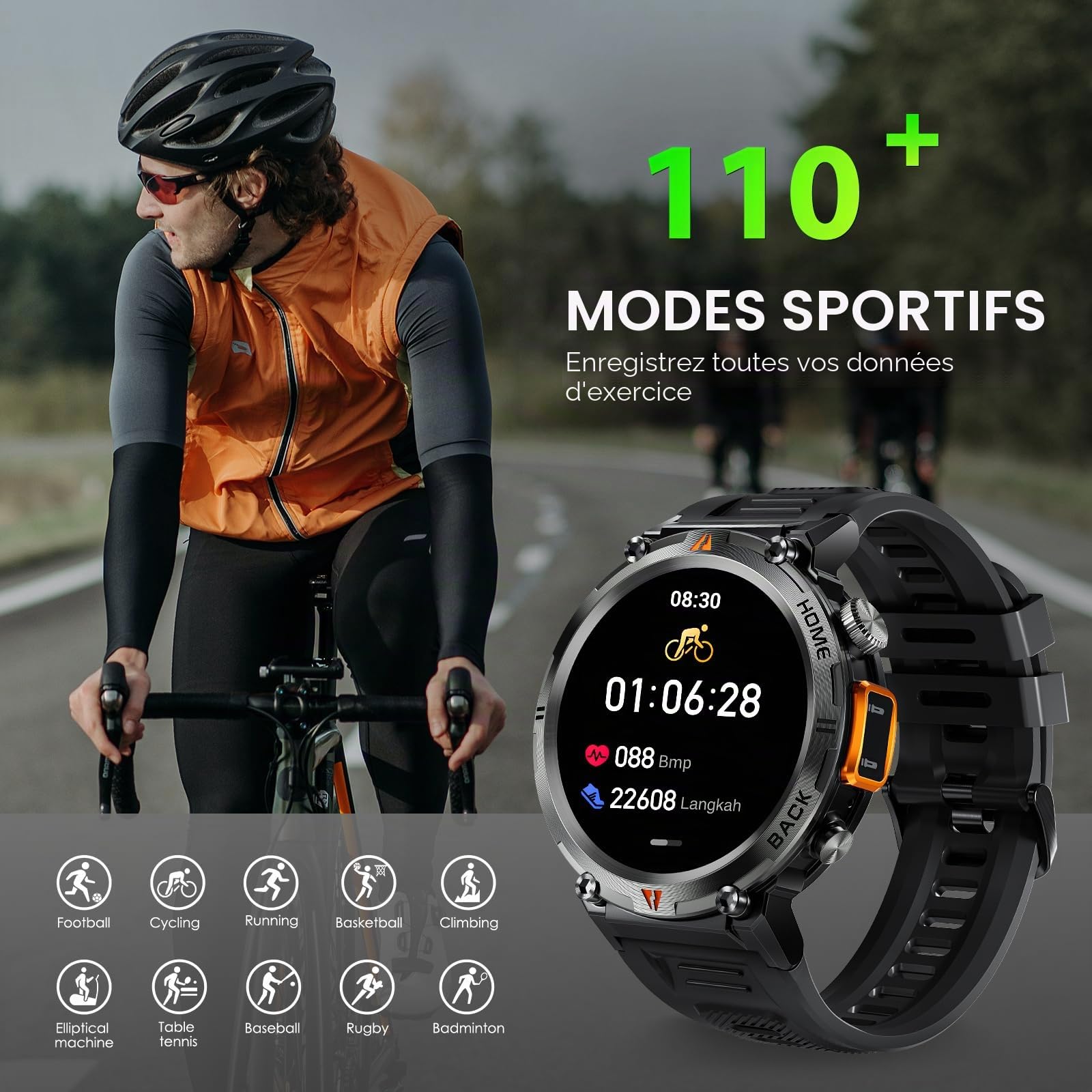 Montre Connectée Homme avec Appels Bluetooth, 1,45" Militaire Smartwatch | 3ATM Étanche avec Torche LED, Montre Fitness avec Fréquence Cardiaque SpO2 Surveillance 110+ Modes Sportifs pour Android iOS