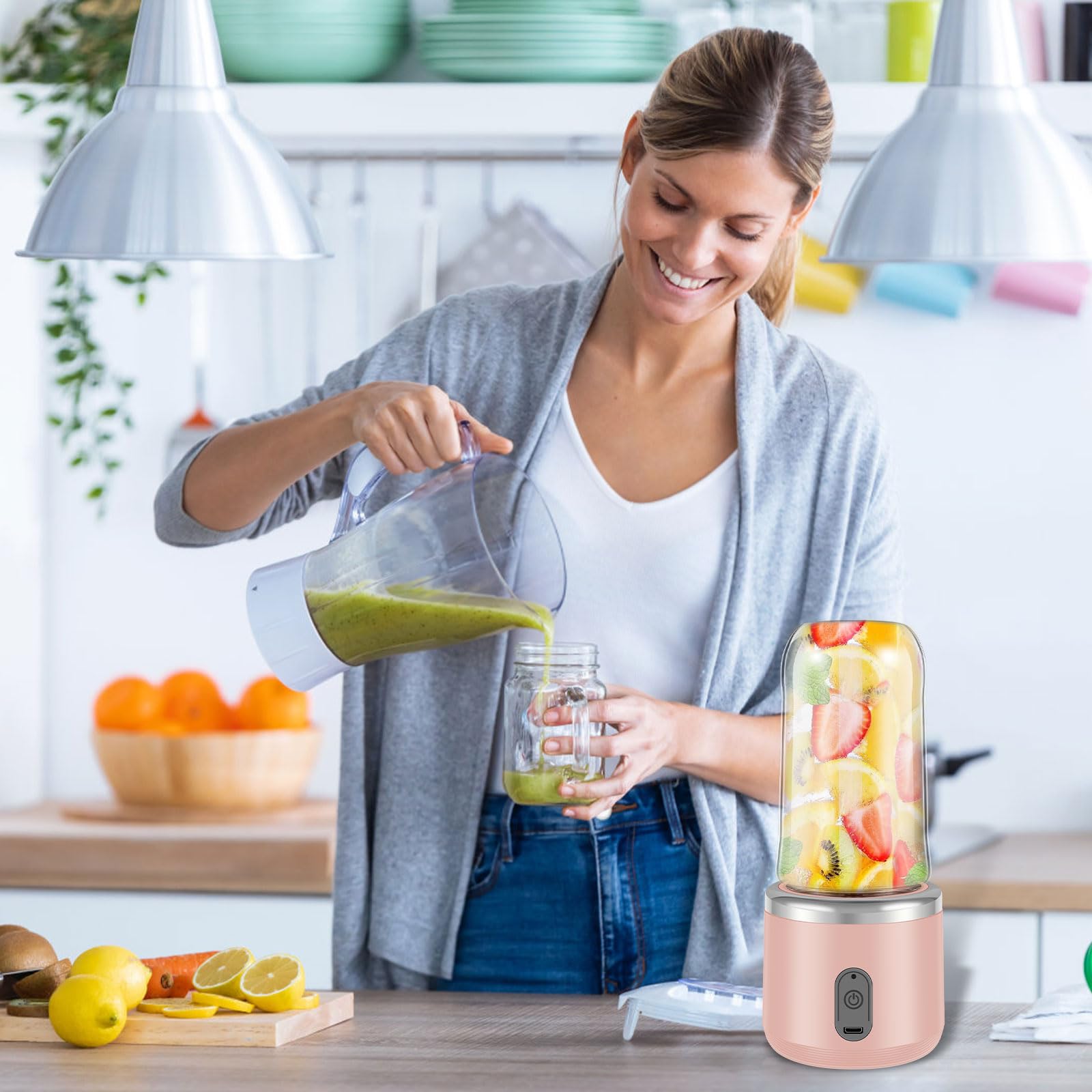 Reykentu Centrifugeuse Portable Rechargeable - Mini Mixeur à Fruits USB 380ml Rose, 6 Lames Inox, Parfait Pour Smoothies Et Jus Frais