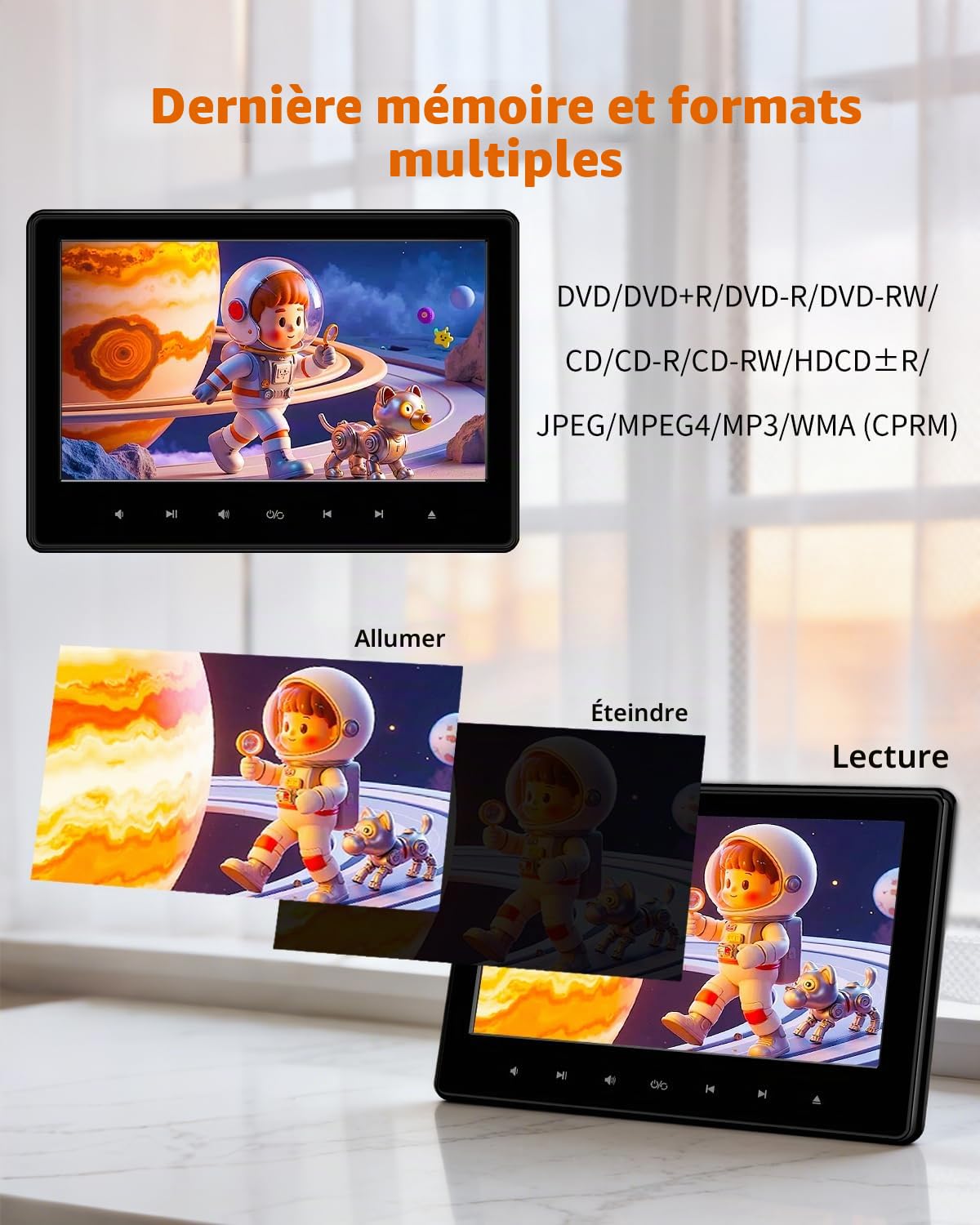 10,1" Lecteur DVD de Voiture avec Entrée HDMI, Lecteur DVD de Voiture Portable avec Support pour appuie-tête, mémoire de la dernière Lecture, Prise en Charge des Cartes USB/TF