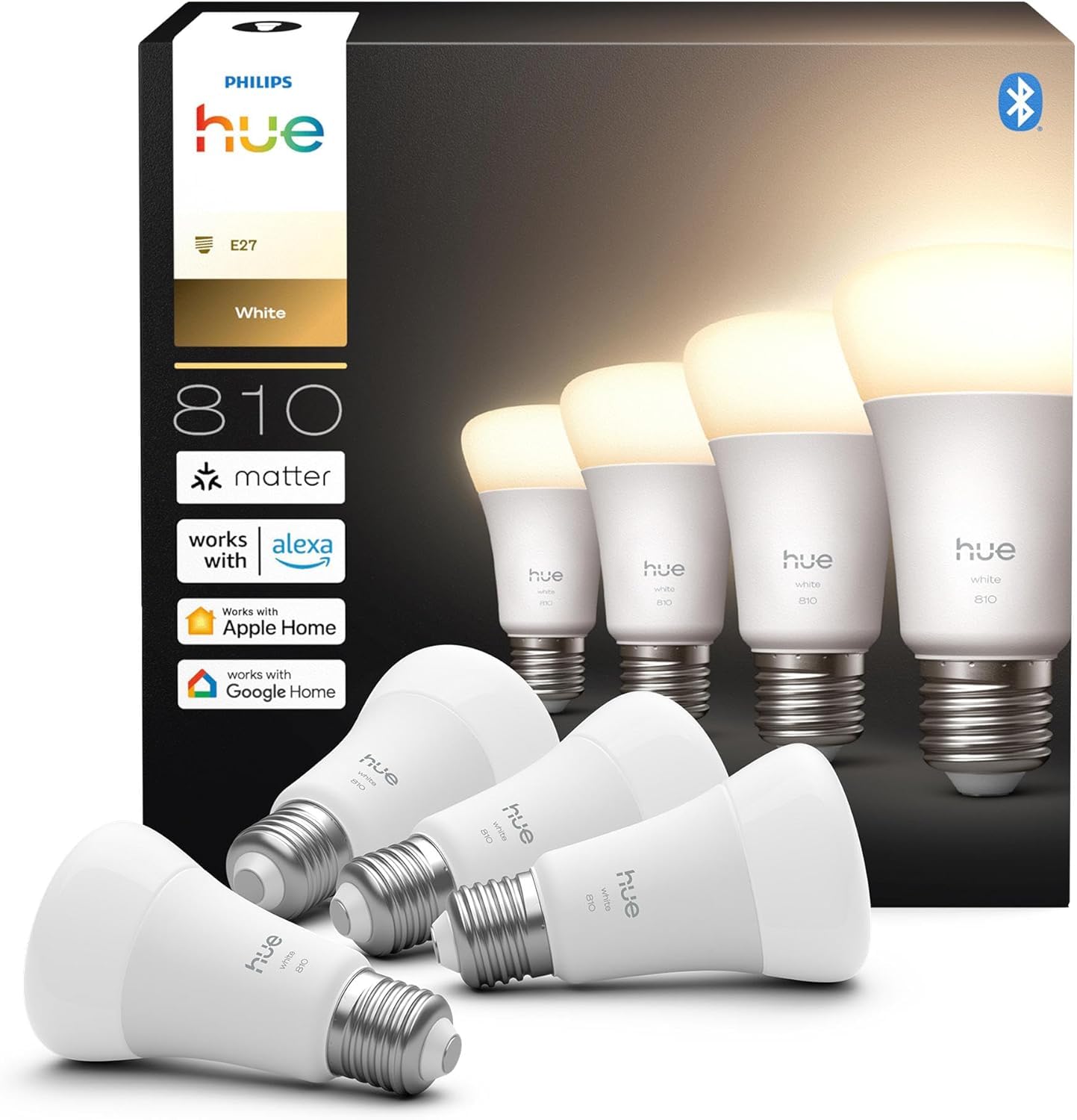 Philips Hue Ampoule connectée A60 LED, Lumière blanche chaude 2700 K, Ampoule Philips Hue E27, 9,5 W, 810 lumens, Intensité variable, Compatible Alexa, Google Assistant et Apple Home, pack de 4