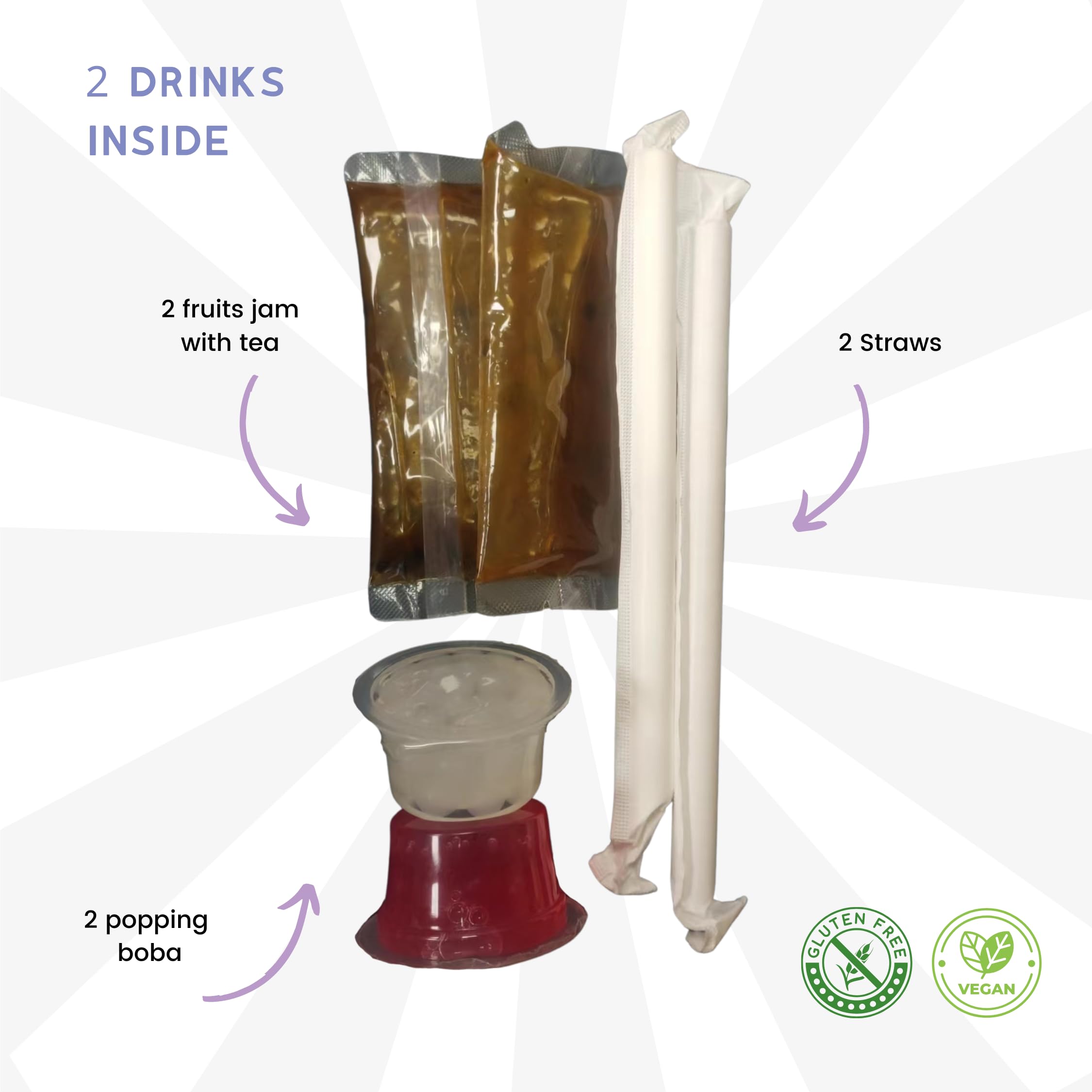MiruMiru- Bubble Tea Kits - Perle de Pomme Verte & Nectar de Fraise & Thé au Jasmin, boissons et pailles incluses (2 boissons)