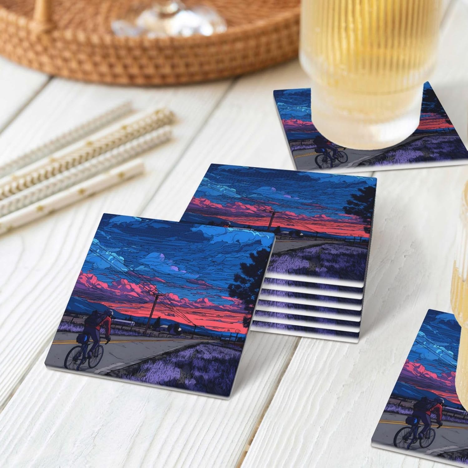 (Cycling on The Road) Ceramic Coasters Set of 6 with Holder Non-Slip Square Coffee Coasters for for Cup Mug Drink Patio Coffee Table Decor, Christmas Coasters Home Bar Supplies