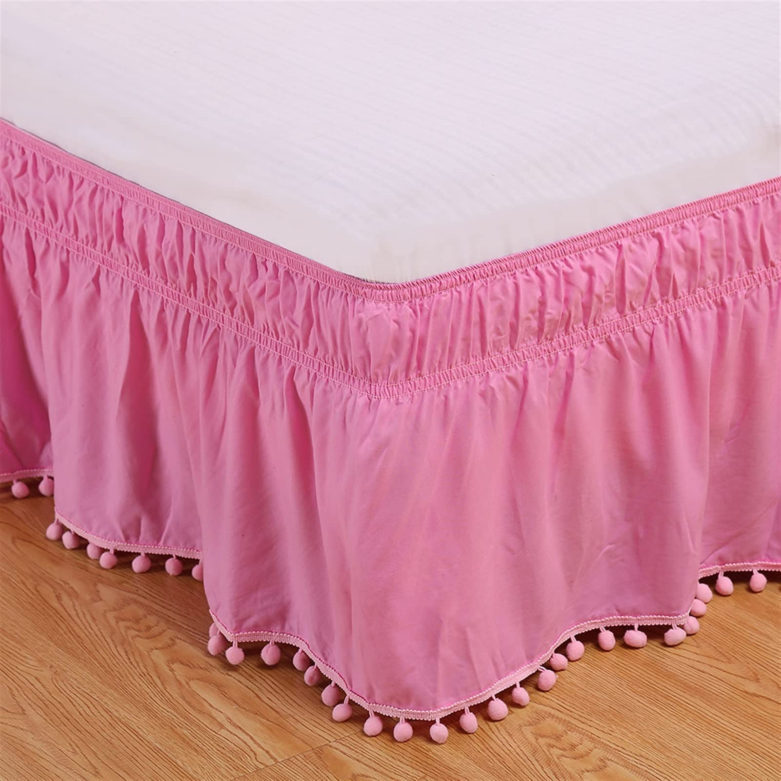 Pom Pom Samt Bettrock – 55,9 Cm Fallhöhe, Queen Size (ca. 152x203 Cm), Mit Spannbetttuch, Grau, Weich & Gemütlich