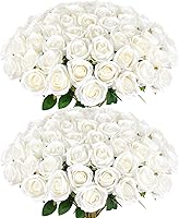 RowfadFlora 60 Pack Bulk Artificial White Roses - Velvet Silk Real Touch for Wedding Centerpieces, Bridal Bouquets, Home Decor