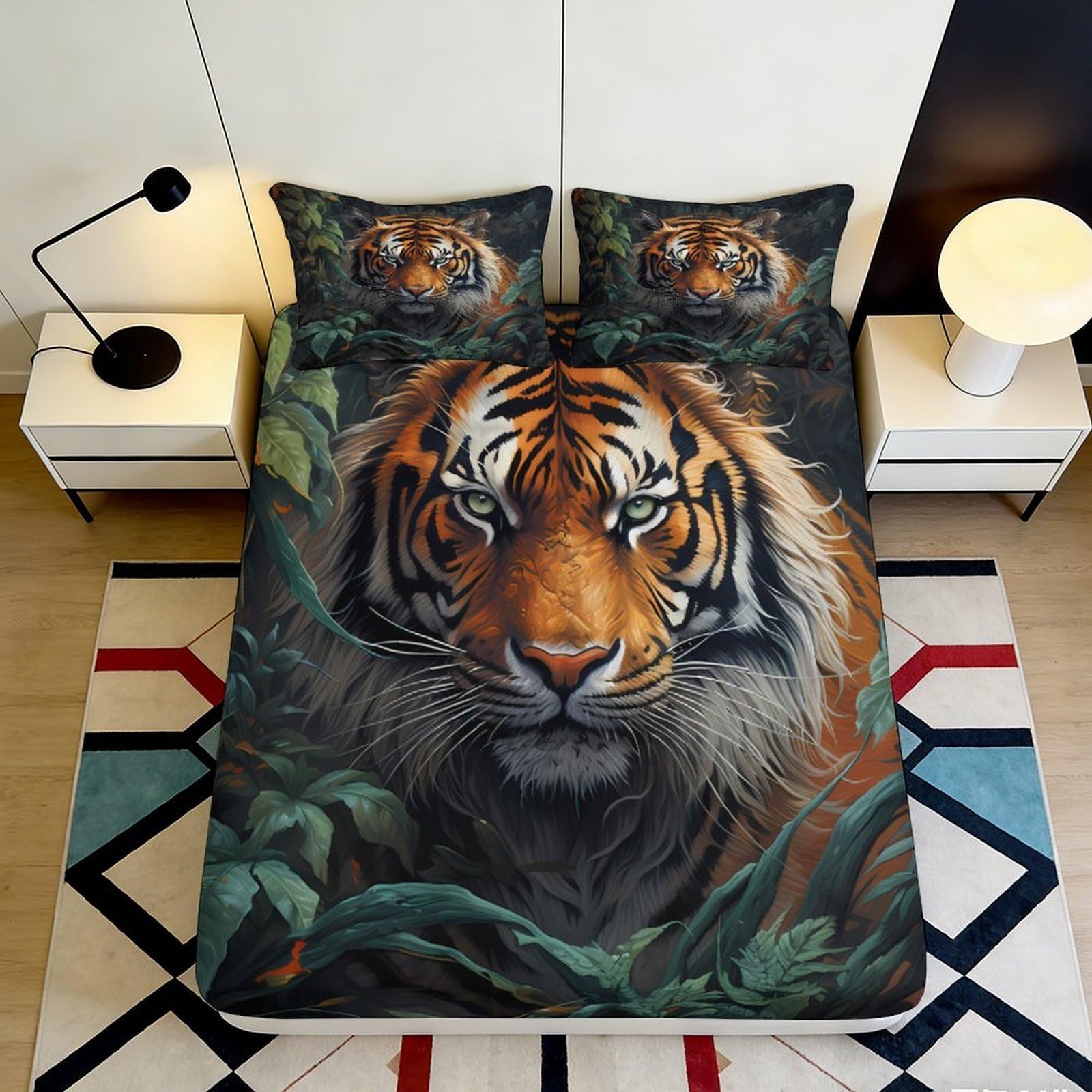 3D Printed Jungle Tiger Fitted Sheet Microfiber Orange Black Animal Mattress Cover for Bedroom Guest Room Decor 180x200x25cm