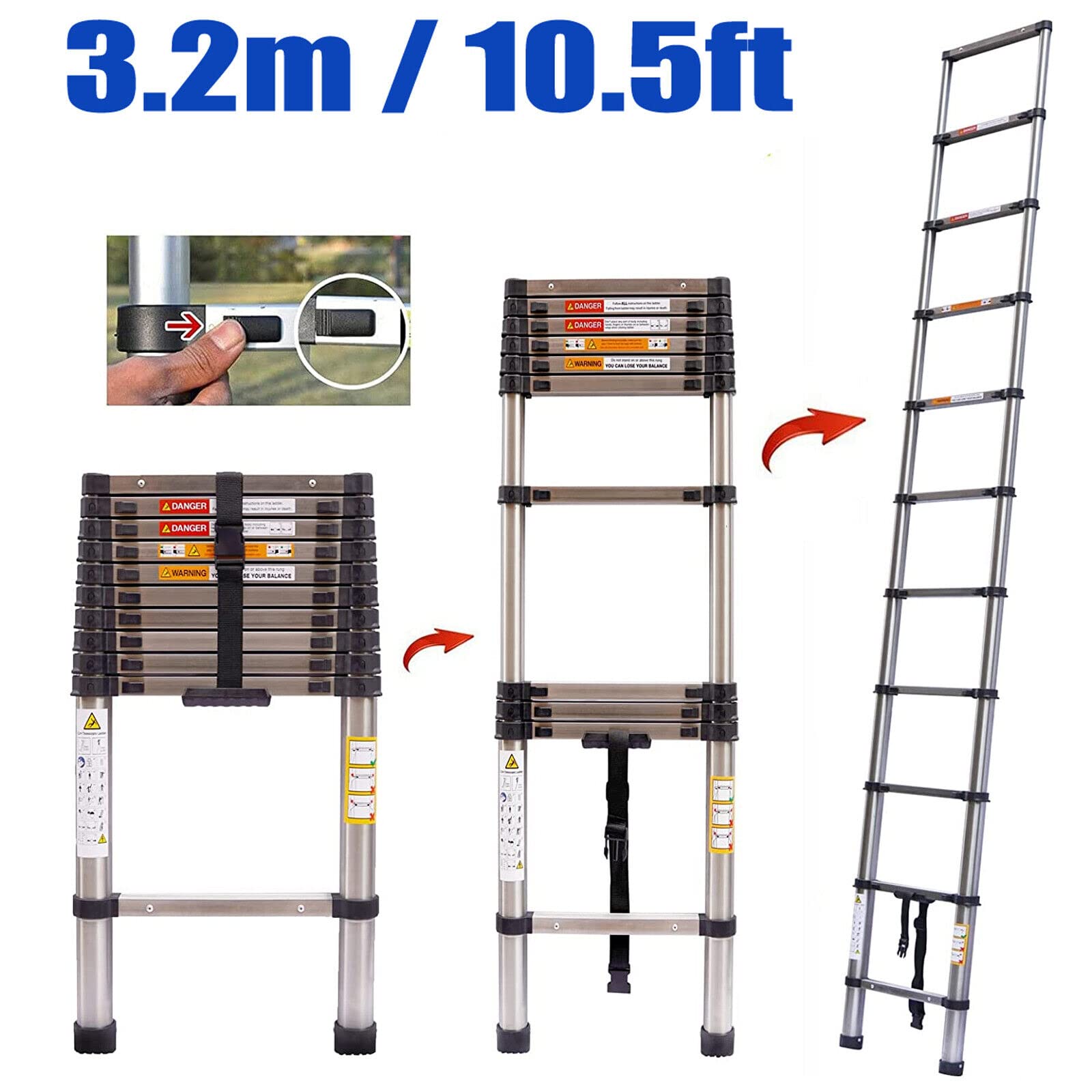 Scala telescopica pieghevole, 3,2 m, antiscivolo, multiuso, allungabile, in acciaio inox, portatile, allungabile, scala Attic EN131, Safe Standard 330 LB, capacità di carico (3,2 m/10,5 ft)