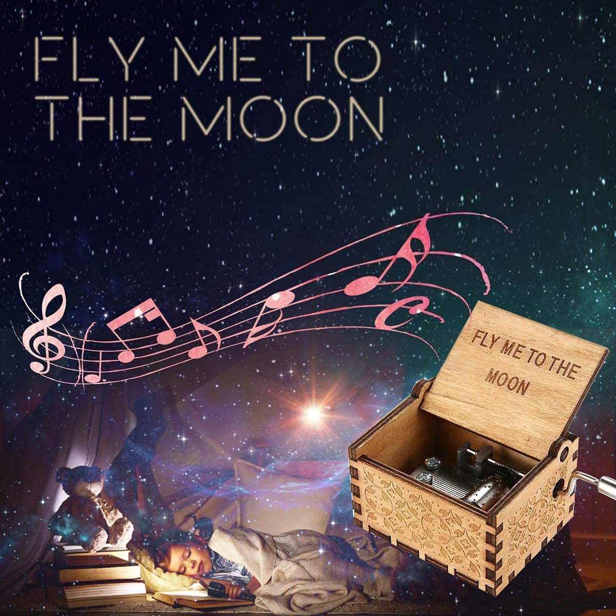 URbazaar Wooden Music Box,Hand Crank Engraved Vintage Music Box For Wedding Valentine Christmas Birthday Gift for Girlfriend,Children (Fly Me To The Moon)