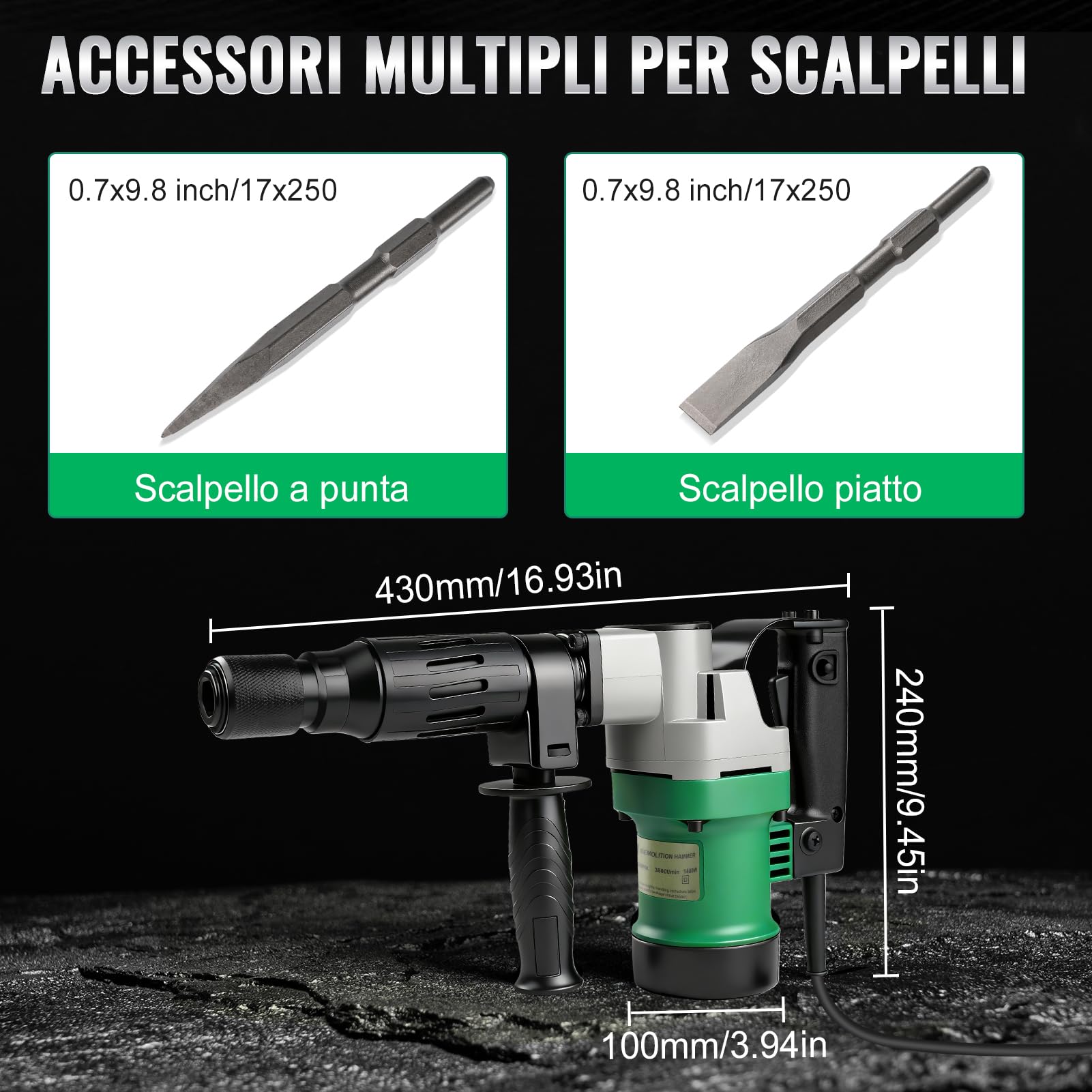SDS Plus Martello Demolitore, 1400W 30 Joule 3600 RPM Potente Martello Perforatore Tassellatore Martello Elettrico A Scalpello Incl. Scalpello A Punta, Piatto Per Calcestruzzo, Mattoni, Piastrelle