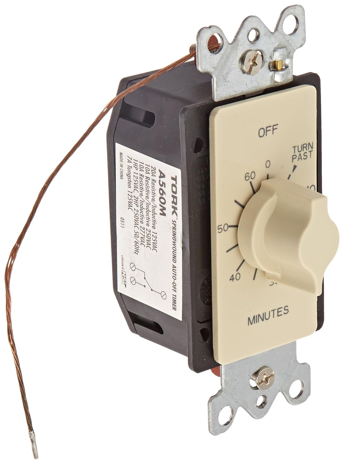 TORK A560M Spring-Wound in-Wall Twist Timer with 60-Minute Length and Ivory Faceplate, for Automatic Shutoff of Fans or Lights