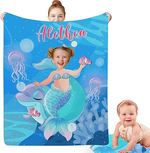 Regalos de sirena para niñas, manta de bebé personalizada con nombre y foto para bebés recién nacidos, mantas personalizadas para niños, regalos