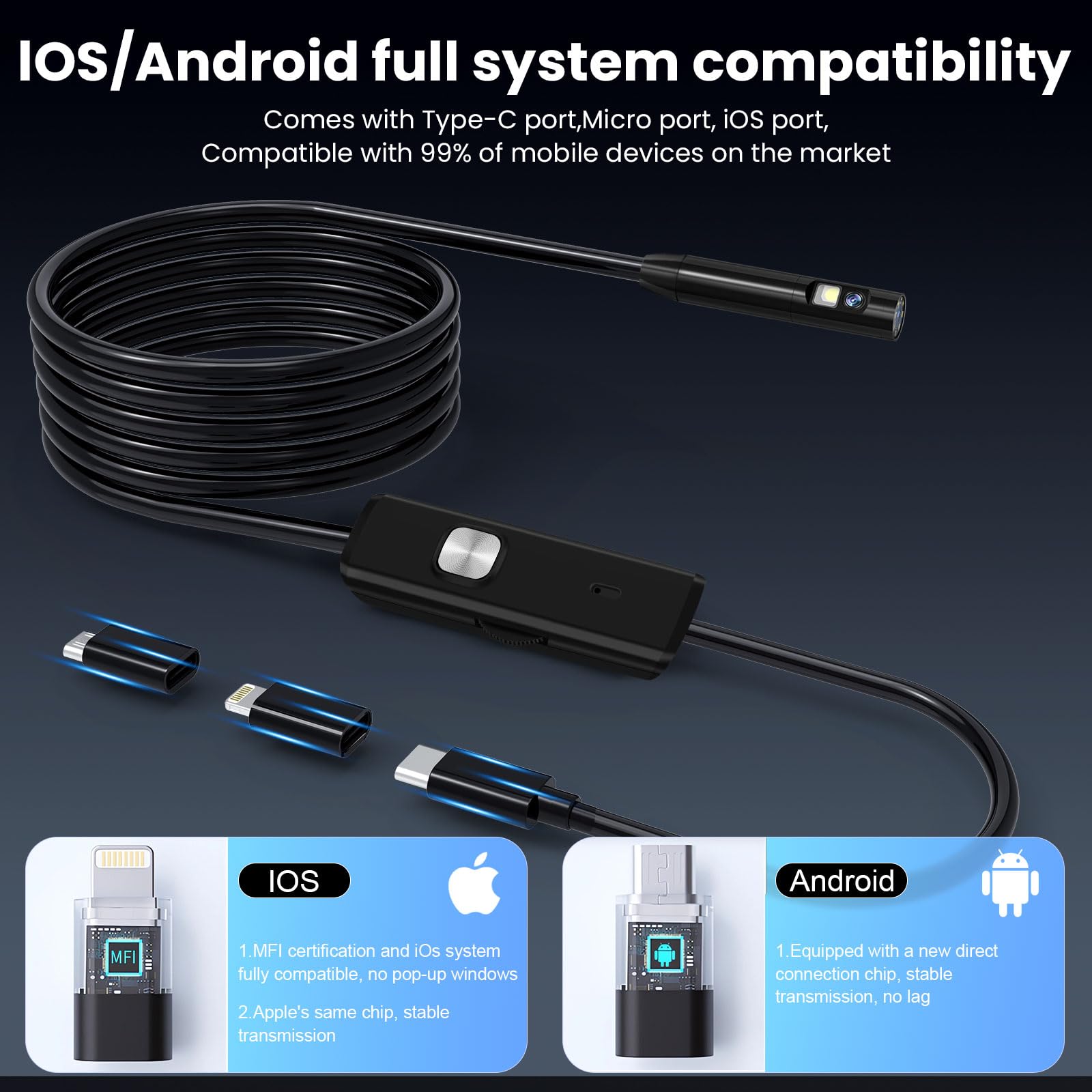 LabTEC 1920P Dual Lens Endoscope Camera - 5M Semi-Rigid IP67 Waterproof Borescope For IPhone & Android
