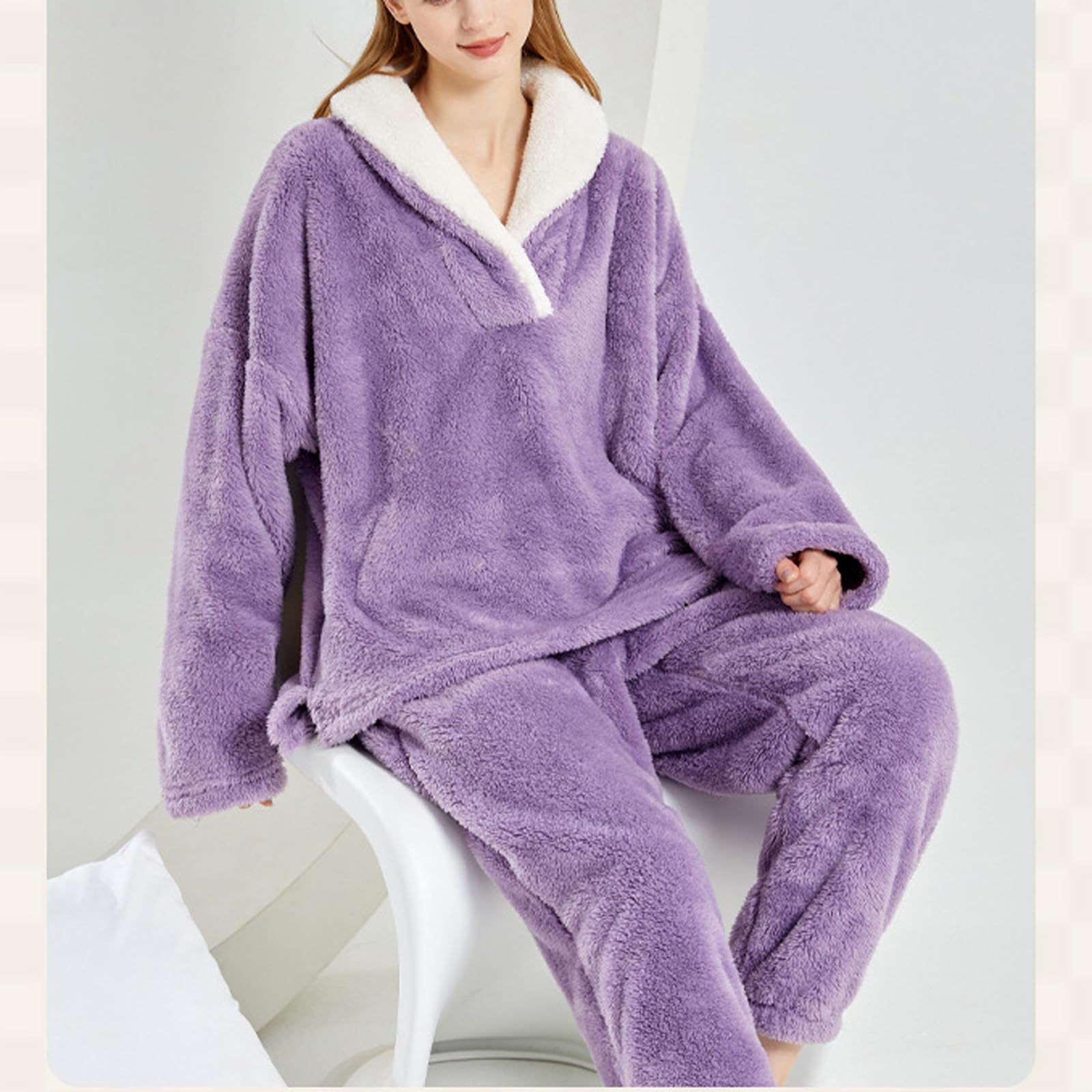 Pyjama chaud en polaire pour femme - 2 pièces - Haut à manches longues et pantalon thermique - Avec poche