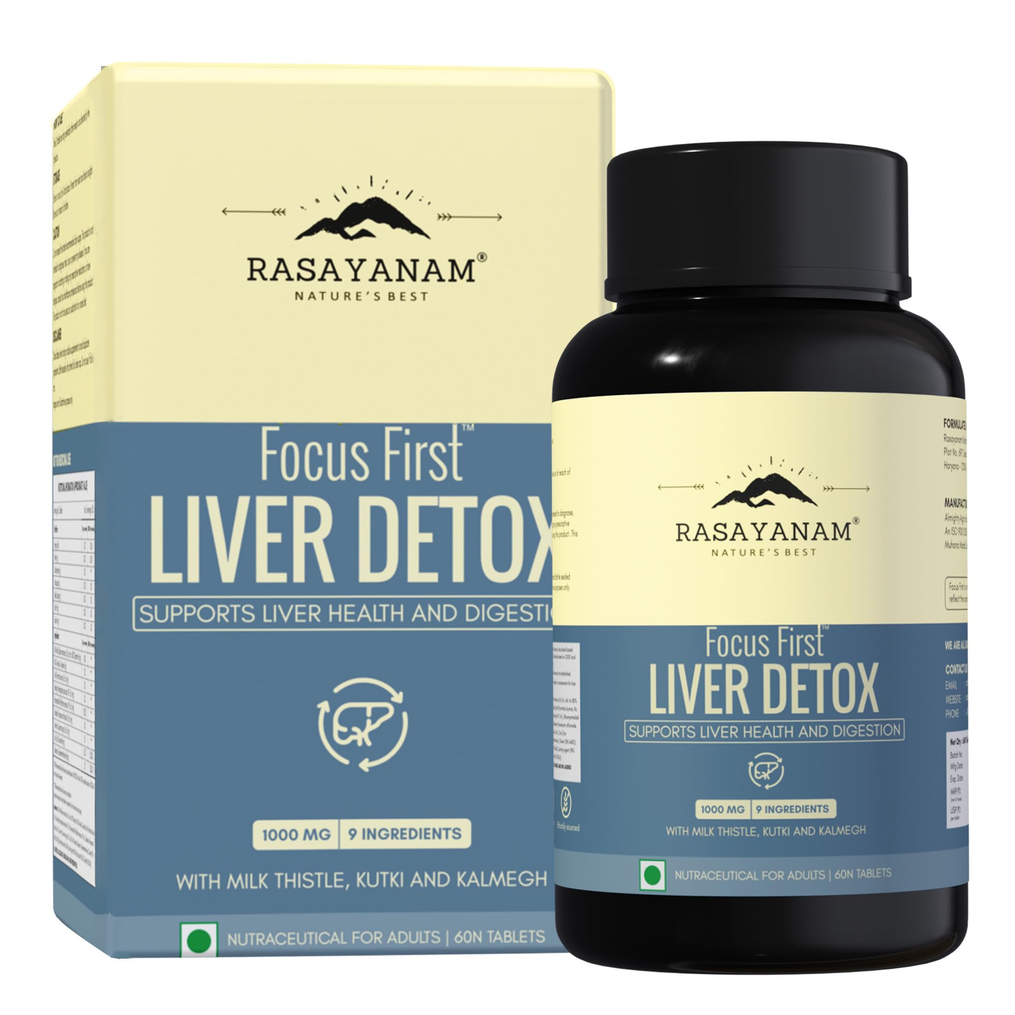Rasayanam Liver Detox Supplement | Milk Thistle with 80% Silymarin | NAC 120mg with Kutki, Turmeric, Dandelion, Zinc & more | Supports Detox, Digestion, Energy & Daily Liver Wellness - 60 Tablets