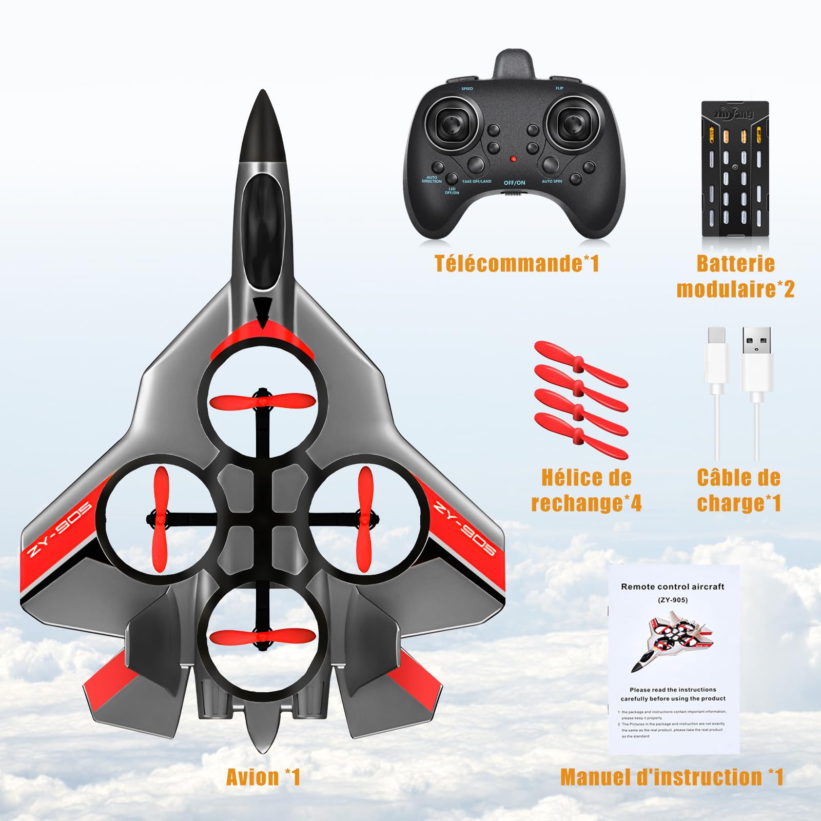 JONRRYIN Avion Télécommandé 2,4 GHz RC avec LED Gyroscopique 6 Axes Planeur Volant Jouet Enfants (Gris)