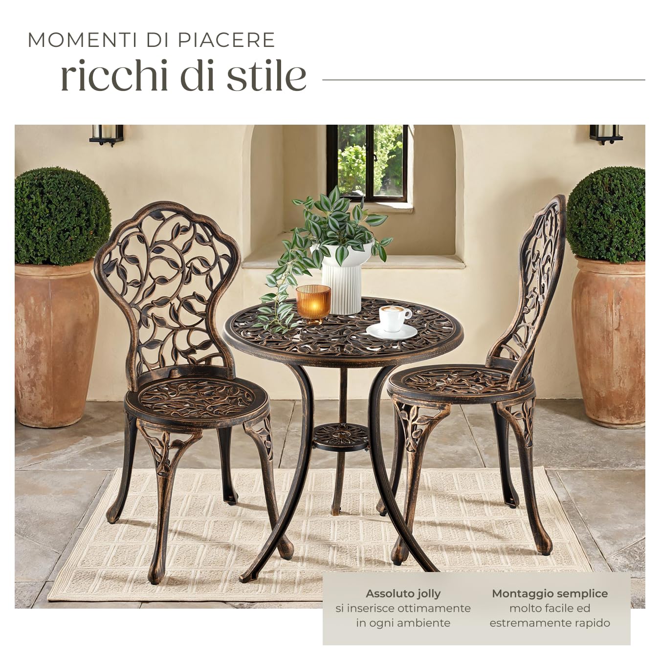 Tectake Bistrot Set per 2 Persone, Tavolo e Sedie da Giardino in Alluminio, Motivo Foglia Vintage
