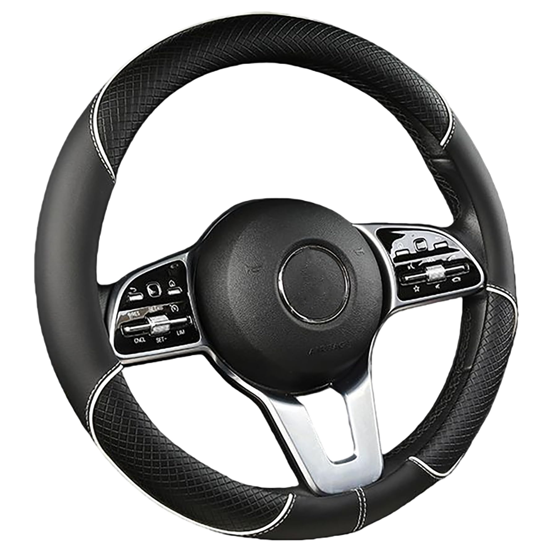 Photo 1 of LZECJ Steering Wheel Cover, Premium Nappa Leather Non-Slip Breathable Grip, Universal Fit for Car SUV Truck, 14.5-15 Inch (37-38.5 cm) (Black and White)
