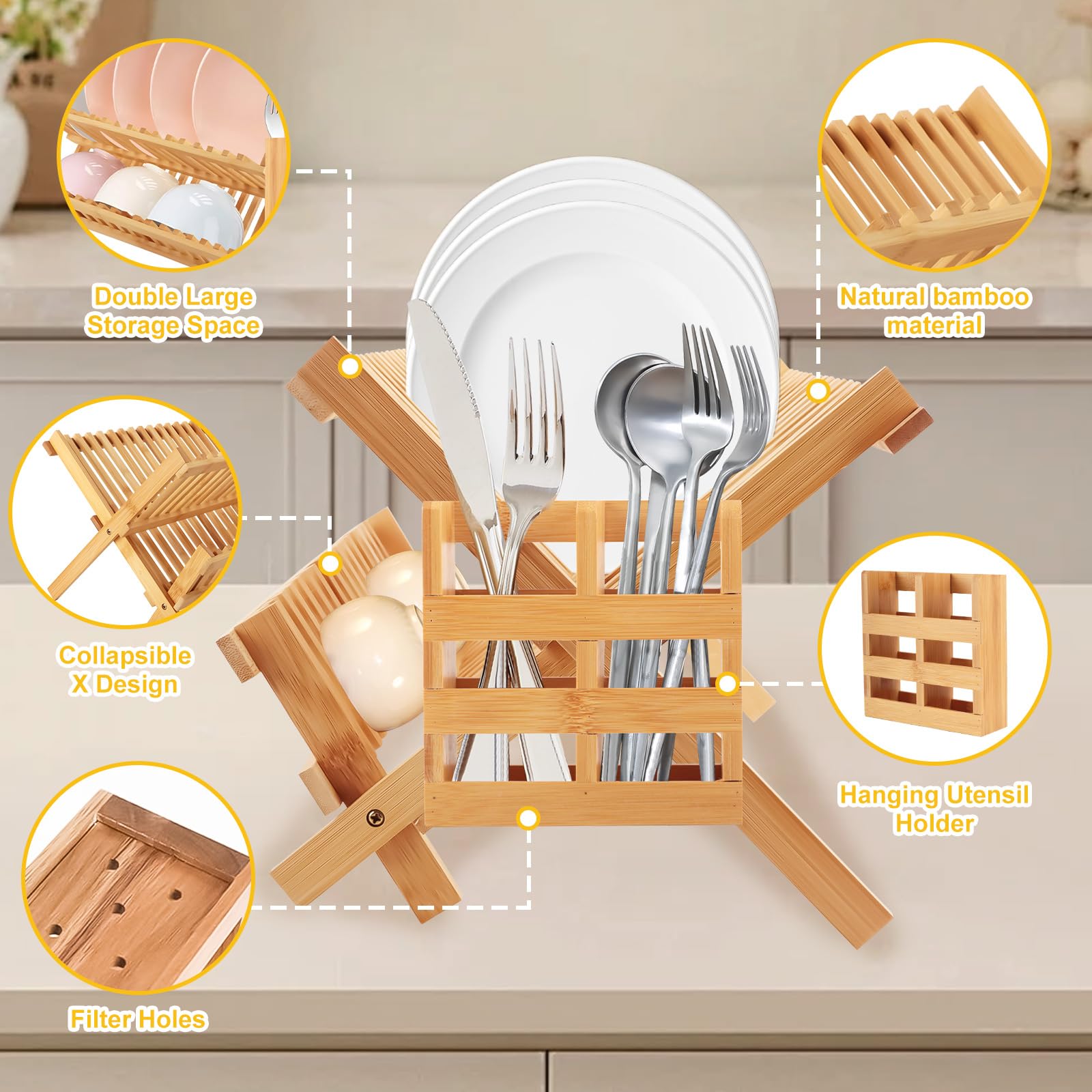Scolapiatti a 2 ripiani in bambù con porta utensili, pieghevole, in legno, per bancone della cucina, 20 scomparti, ciotola e supporto per piatti, 26 x 42 x 24 cm