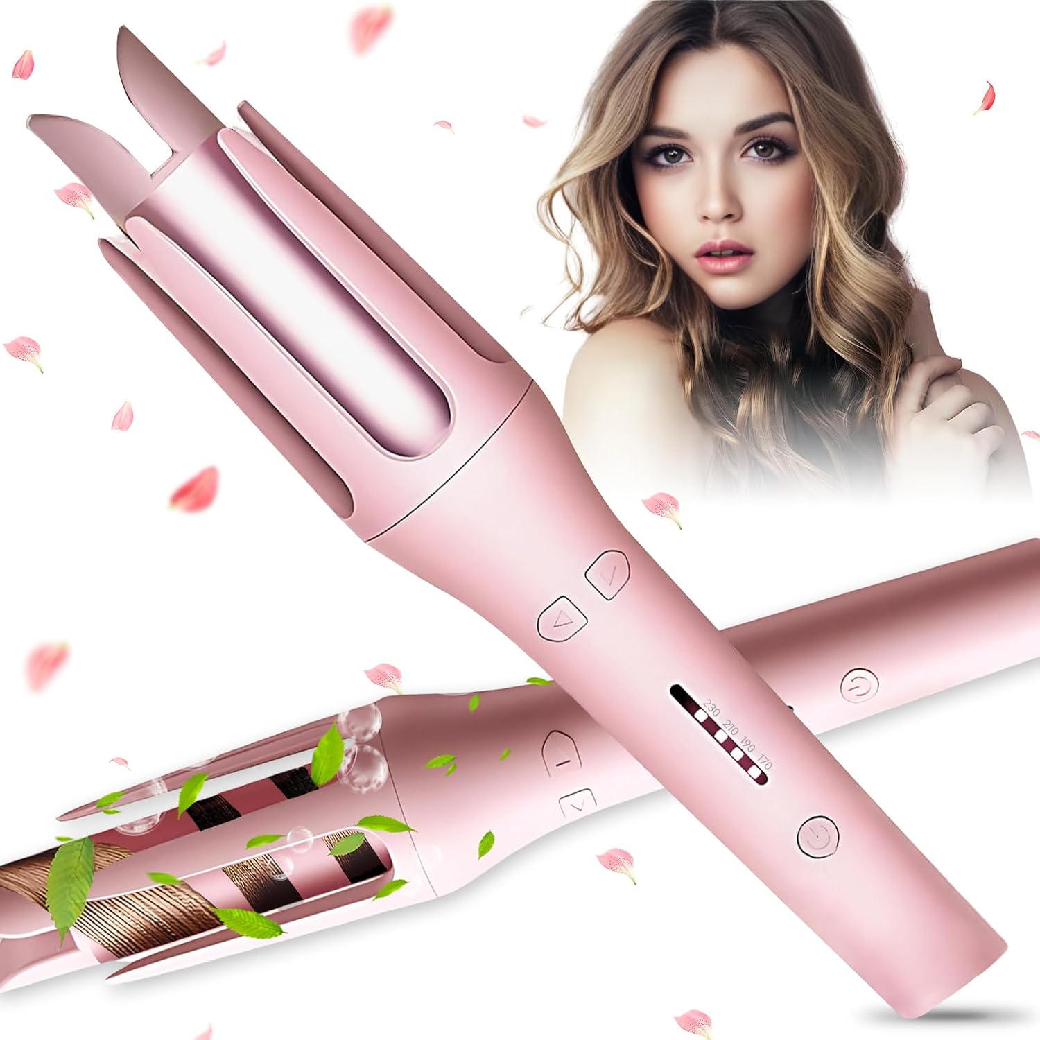 Auto Hair Curler, Automatic Curling Iron with 4 Temperatures, Automatic Shut-Off, Anti-Scald, Anti-Tangle Rotating Curling Wand for Hair Styling, Diameter 32 mm (Pink),Christmas Gift for Women