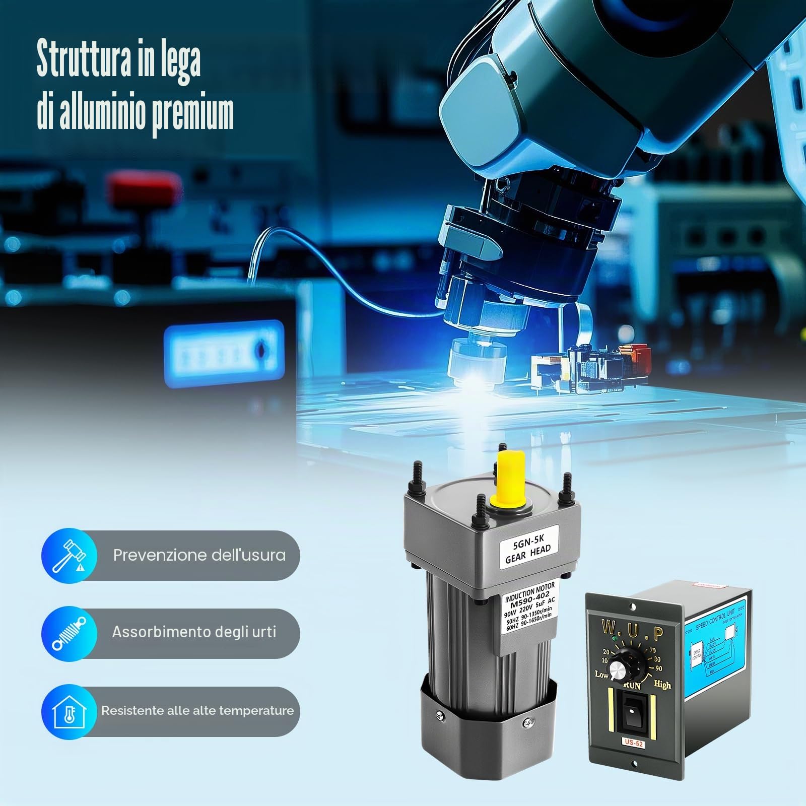 220 V, 90 W, motoriduttore con regolatore di velocità, 0-90 giri/min, coppia di 3,8 Nm, protezione IP54, motore industriale per imballaggio, stampa, macchine tessili