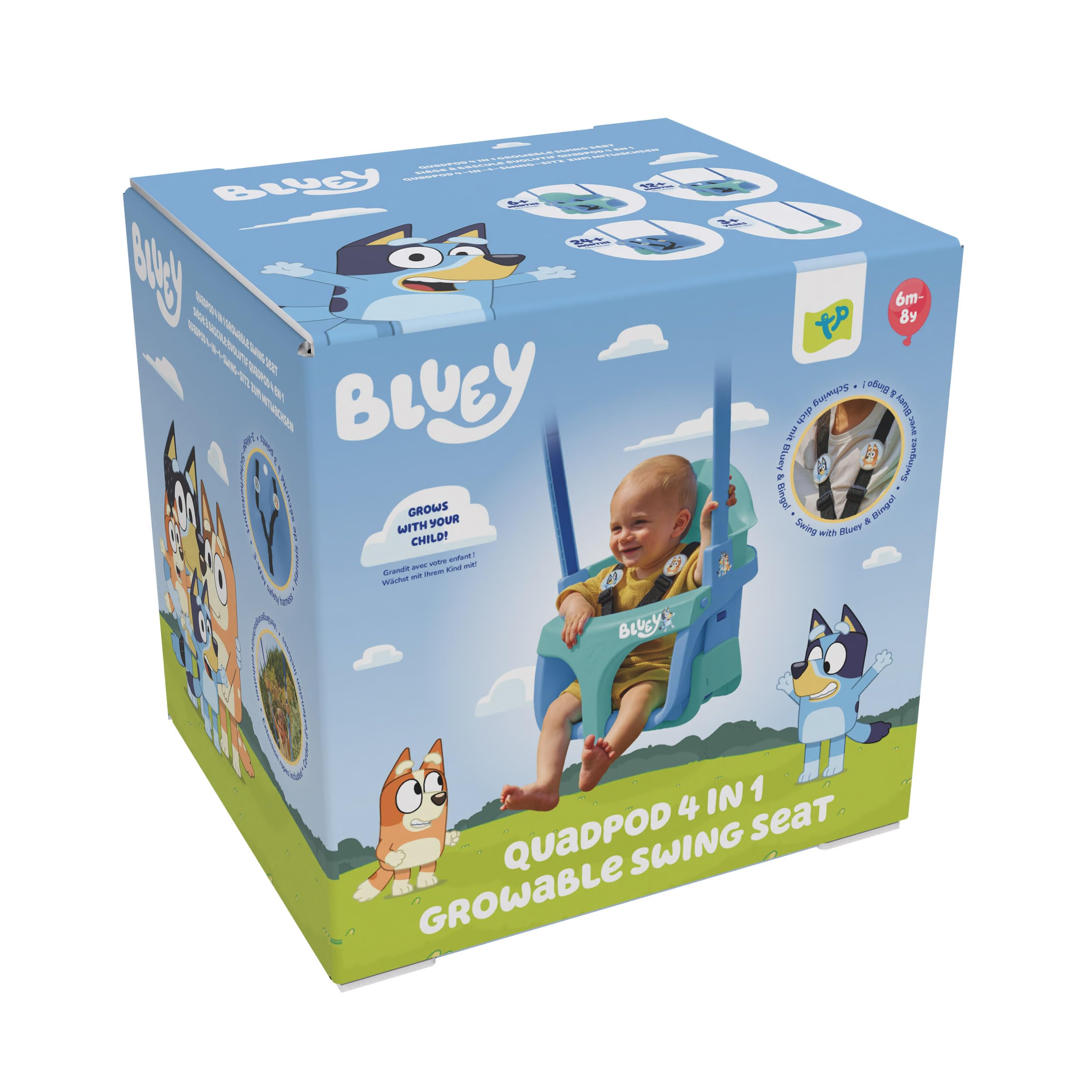 Bluey Quadpod - Asiento de Columpio cultivable 4 en 1, para Parque Infantil al Aire Libre con Cuerdas Ajustables y Correa de Seguridad, Columpio para niños pequeños para Jardines y Parques Infantiles