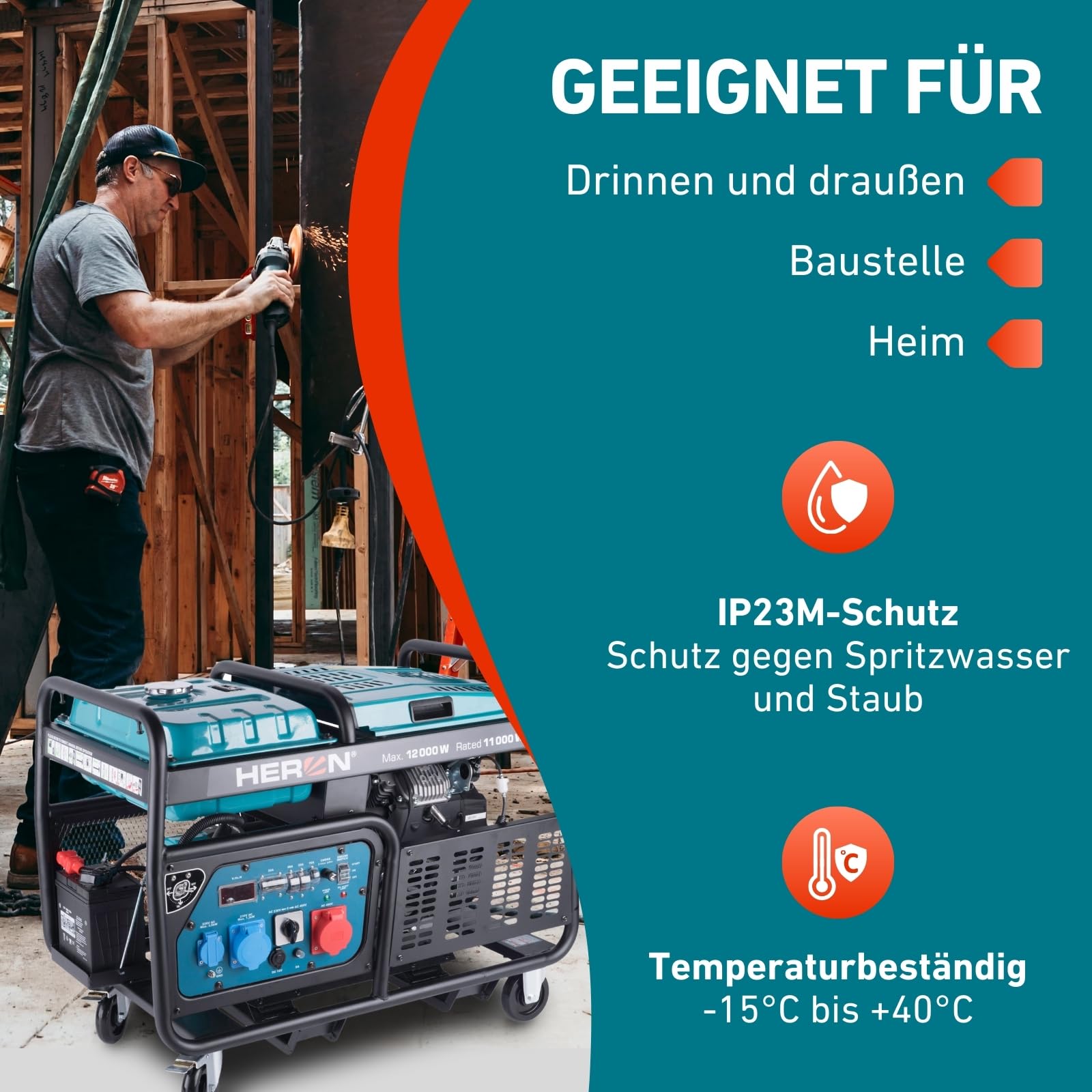 Heron Stromgenerator Benzin 23,5PS I 12 kW / 15kVa (400V) & 12kW (230V) I Stromerzeuger mit 30L Tank, Fahrgestell & Elektrostarter I mobiles Stromaggregat mit AVR-System
