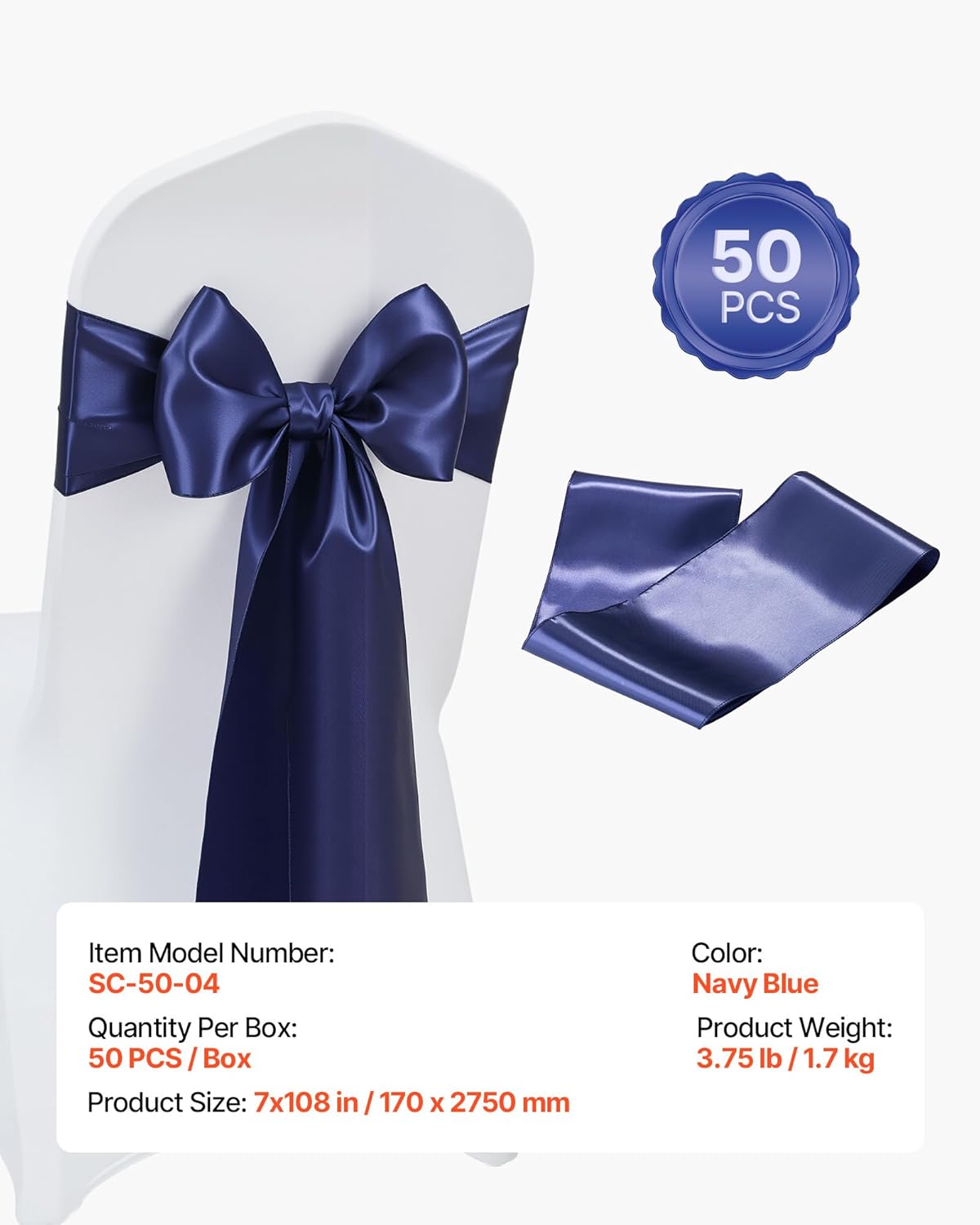 VEVOR Satin Chair Sashes Bows, Chair Ribbon Ties Back Sash, 7 x 108 inch, Wedding Reception Decoration, for Wedding Ceremony Baby Shower Party Events Banquet Cover Decoration (Navy Blue, 50pcs)