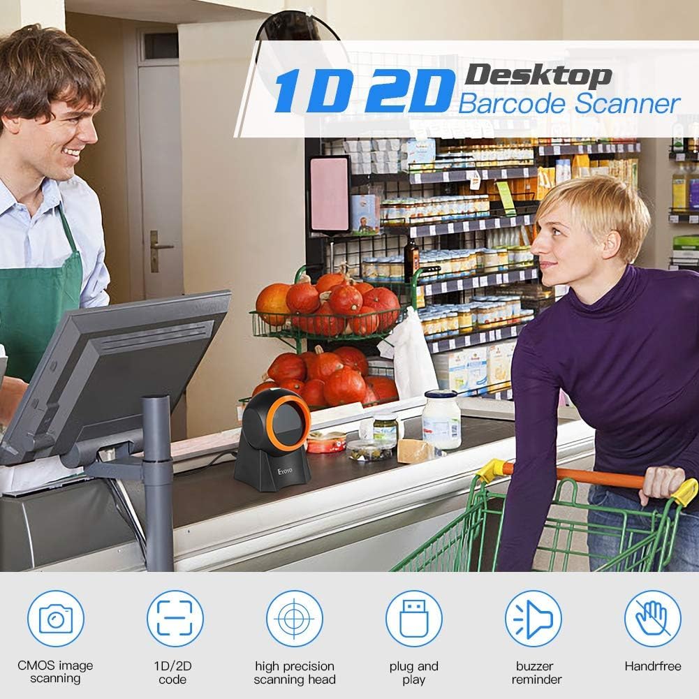 Escáner de Códigos Barras 1D/2D Manos Libres Eyoyo, Lector de Códigos Barras QR, Plataforma de escaneo de pantalla para almacén, supermercado, Tienda al por menor, Sistema de Punto de Venta de