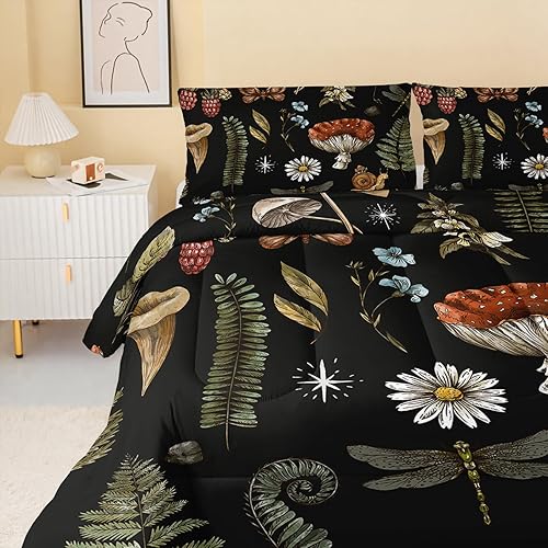 Miniatura 3 de QOOMO Edredón de hongos salvajes, tamaño matrimonial, juego de edredón para niños, caracol y hongo, ropa de cama con estampado de plantas de hongos,